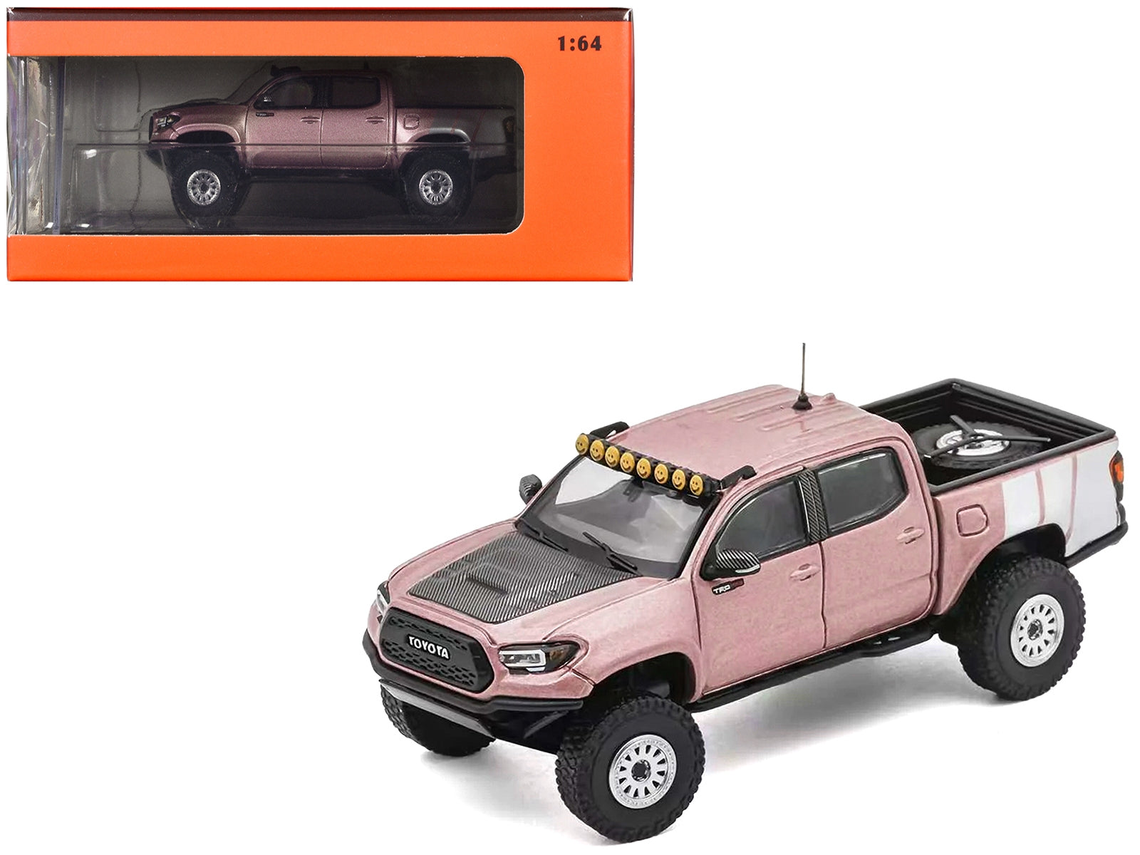 2022 Toyota Tacoma TRD PRO Pickup Truck Pink Metallic with White Stripes and Carbon Hood 1/64 Diecast Model Car by GCD - Premium Pickup Trucks Models from GCD - Just $48.37! Shop now at Rapidvehicles