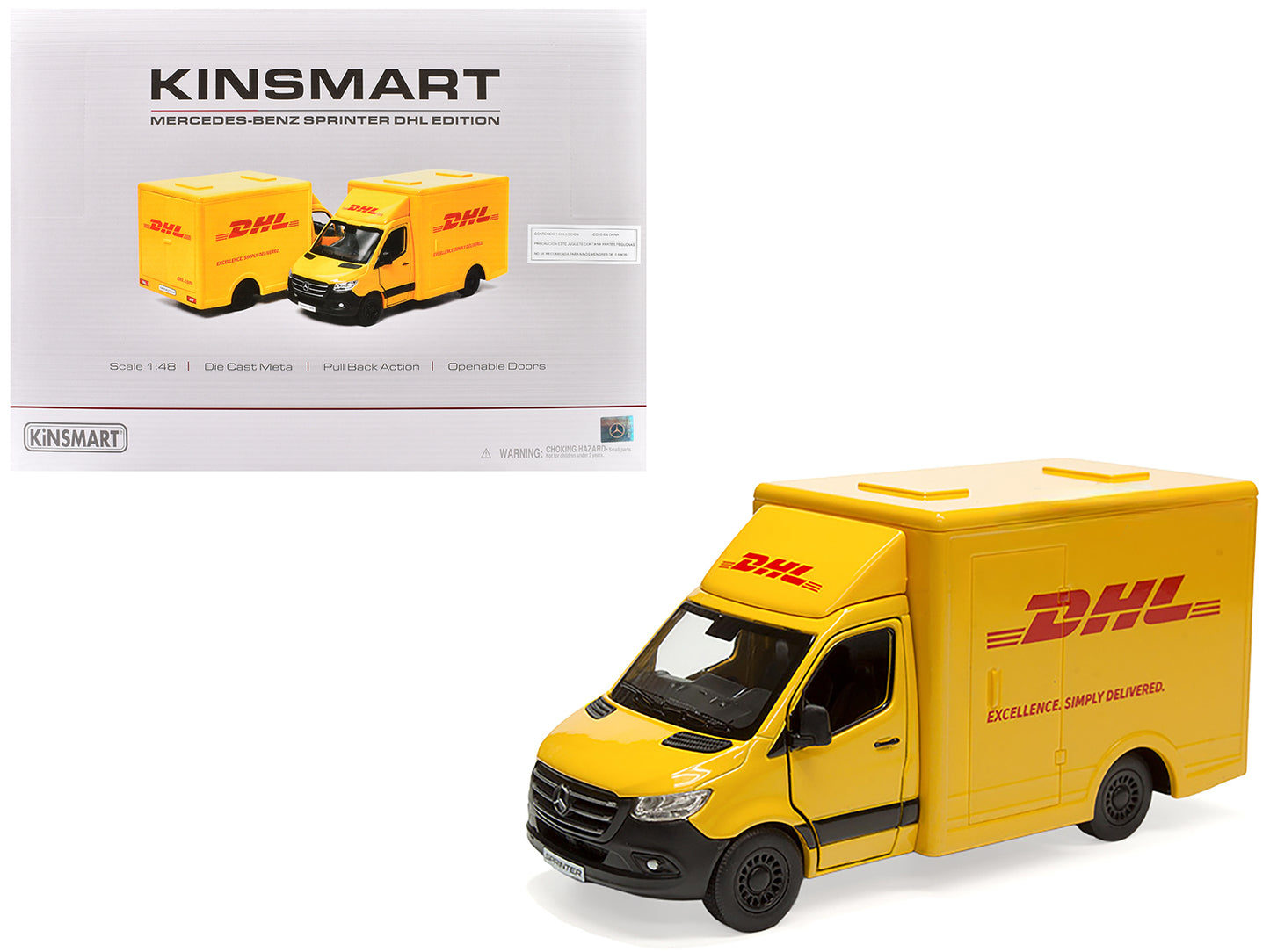 Mercedes-Benz Sprinter Van "DHL" Yellow 1/48 Diecast Model Car by Kinsmart - Use code SHOPAPP15 to get 15 percent off