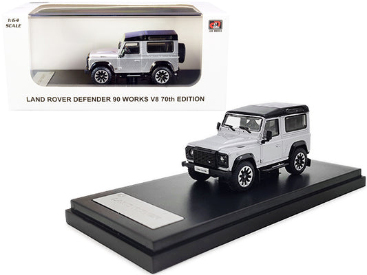 Land Rover Defender 90 Works V8 Silver Metallic with Black Top "70th Edition" 1/64 Diecast Model Car by LCD Models free shipping USA