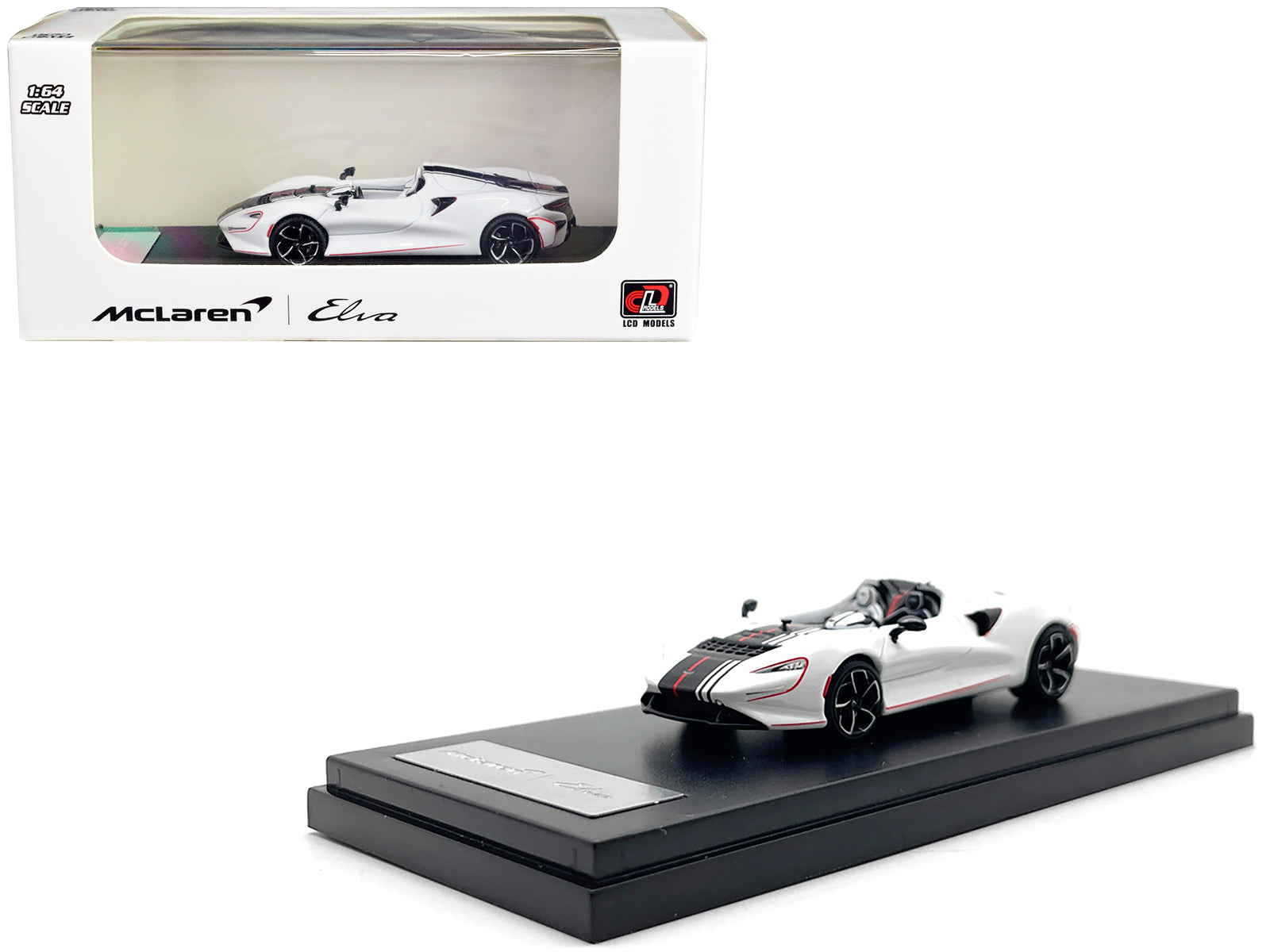 McLaren Elva Convertible White with Carbon and Red Stripes 1/64 Diecast Model Car by LCD Models free shipping USA