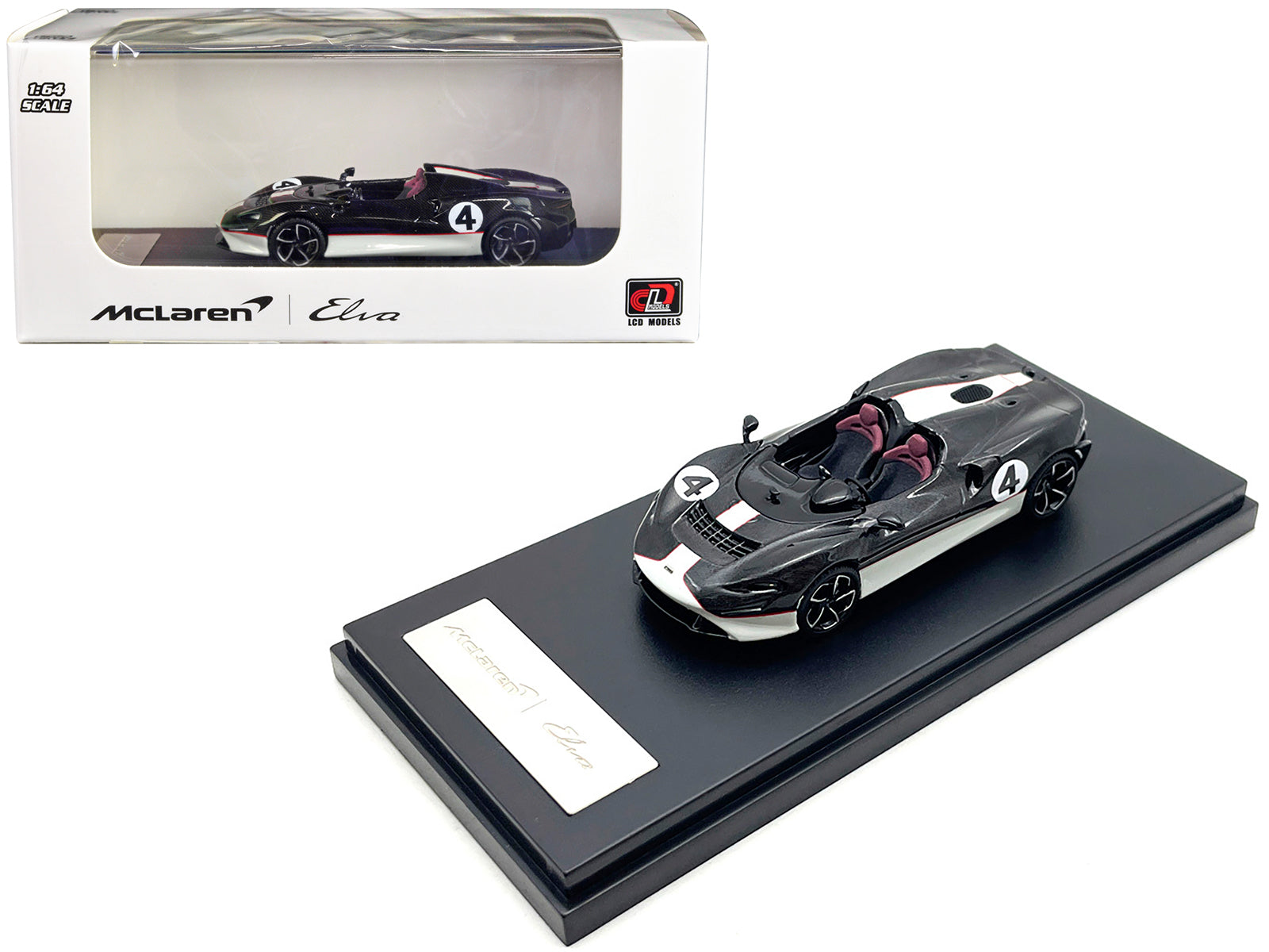 McLaren Elva Convertible #4 Carbon Black with White and Red Stripes 1/64 Diecast Model Car by LCD Models free shipping USA