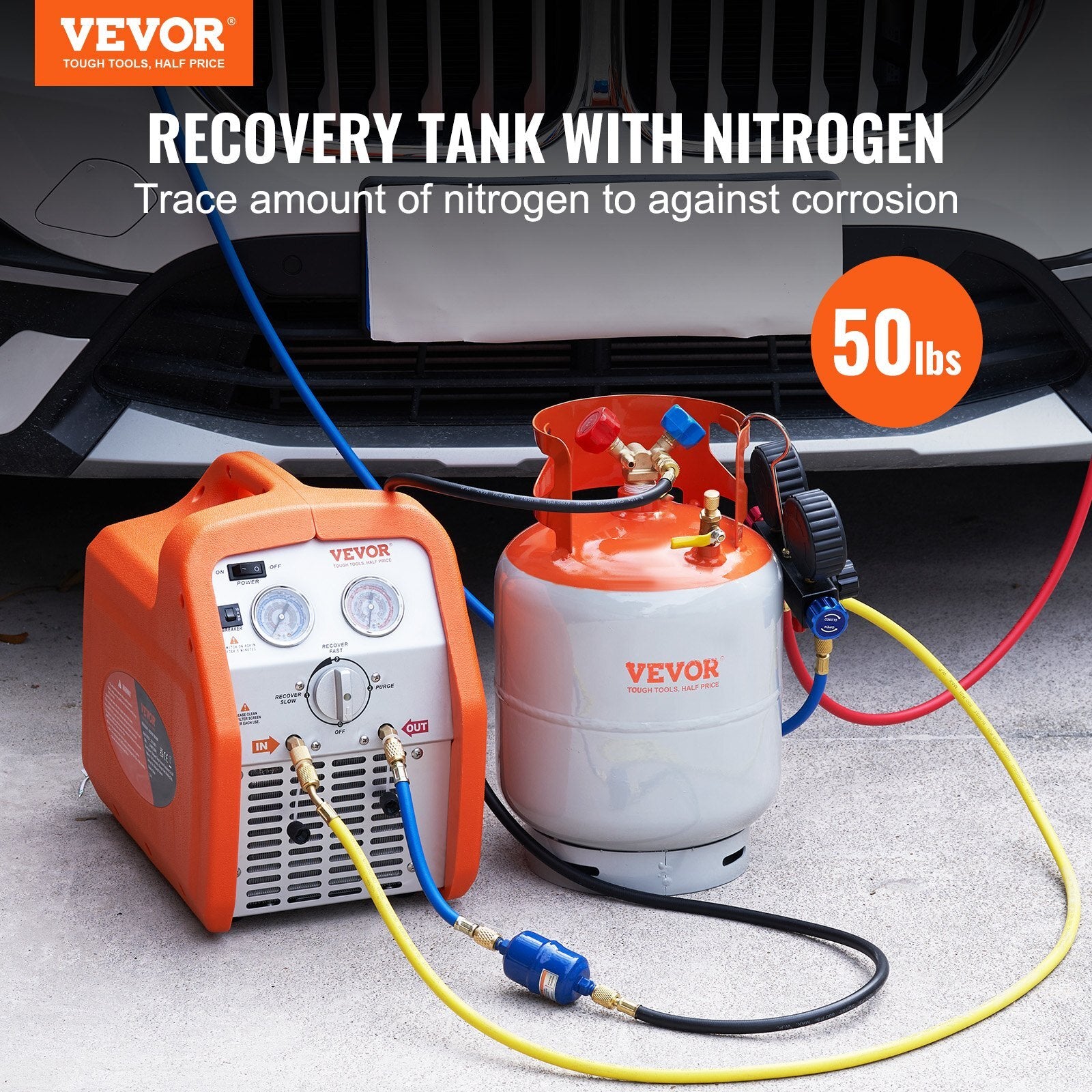 VEVOR Refrigerant Recovery Tank, 50 LBS Capacity, 400 psi Portable Cylinder Tank with Y-Valve for Liquid/Vapor, High-sealing Recovery Can for R22/R134A/R410A, Orange+Gray - Premium Recovery Cylinder from VEVOR - Just $123.19! Shop now at Rapidvehicles