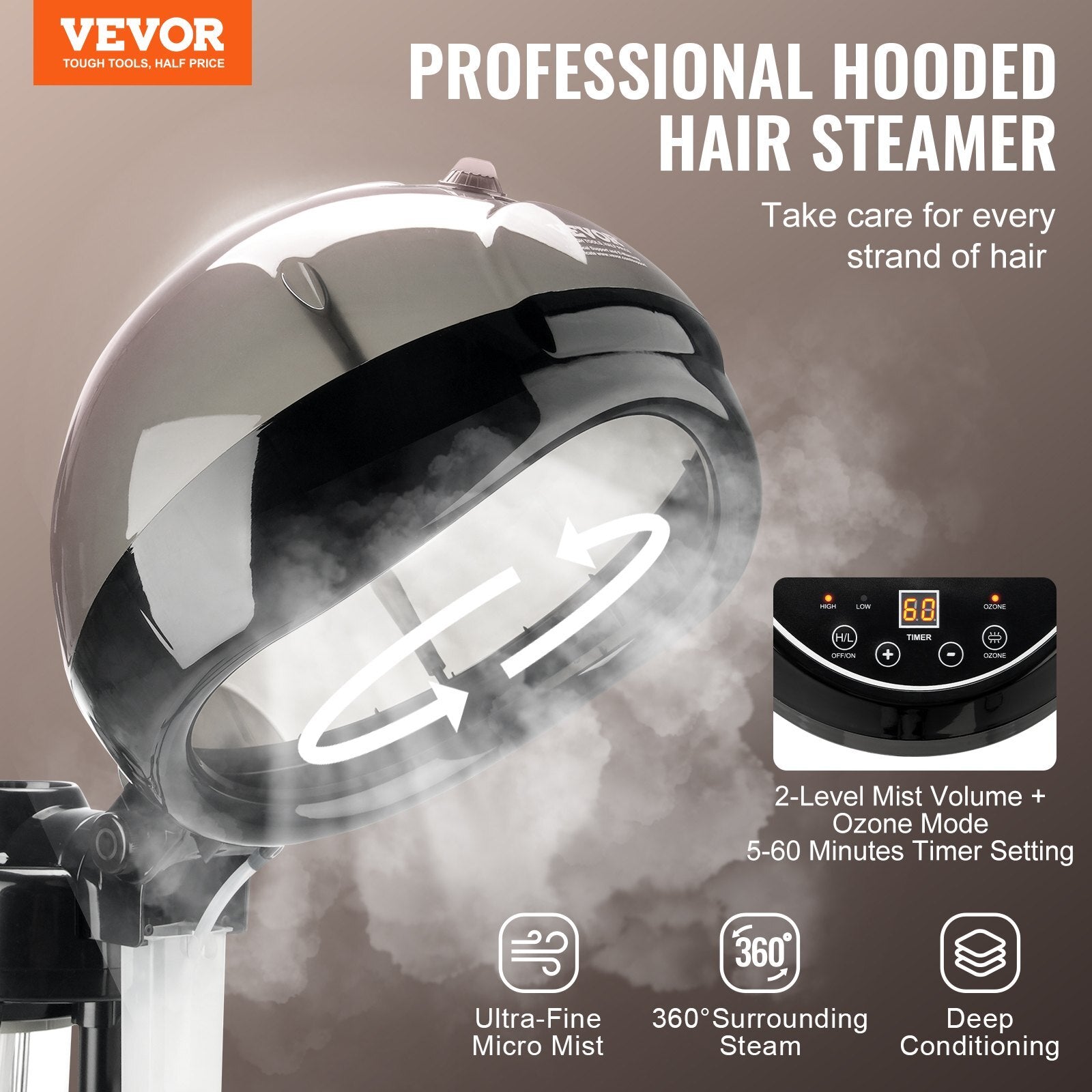 VEVOR Professional Hair Steamer for Deep Conditioning, 11.81-inch Hooded Ionic Hair Steamer with 2 Modes, Height-Adjustable Standing Hair Steamer with Timer, 5 Wheels (2 Lockable) for Salon Home Spa - Premium Hair Dryers from VEVOR - Just $147.99! Shop now at Rapidvehicles