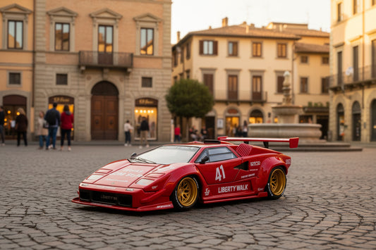 Red sports car model with packaging displaying 'MINI GT' branding.