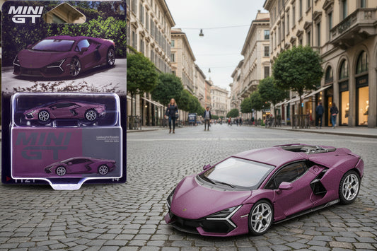 Purple toy car with packaging on a white background