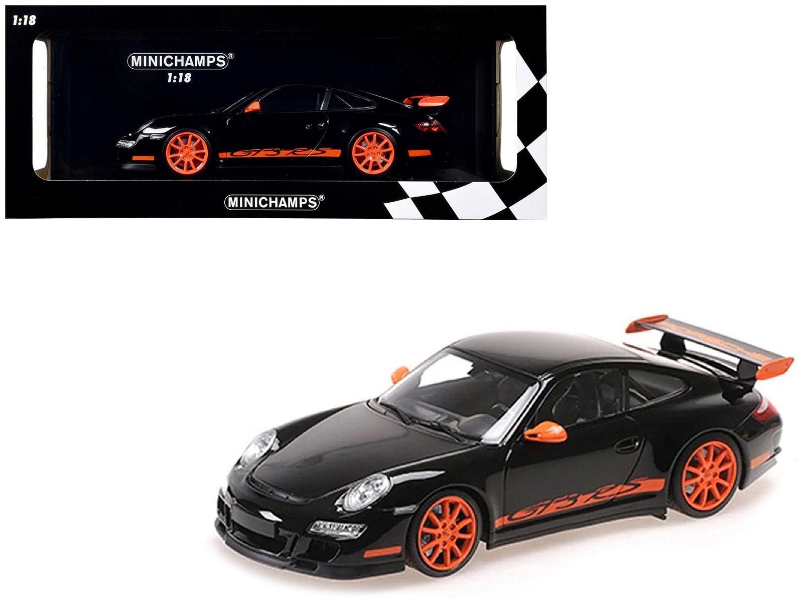 2007 Porsche 911 GT3 RS Black with Orange Stripes 1/18 Diecast Model Car by Minichamps - Premium Porsche Models from Minichamps - Just $221.70! Shop now at Rapidvehicles