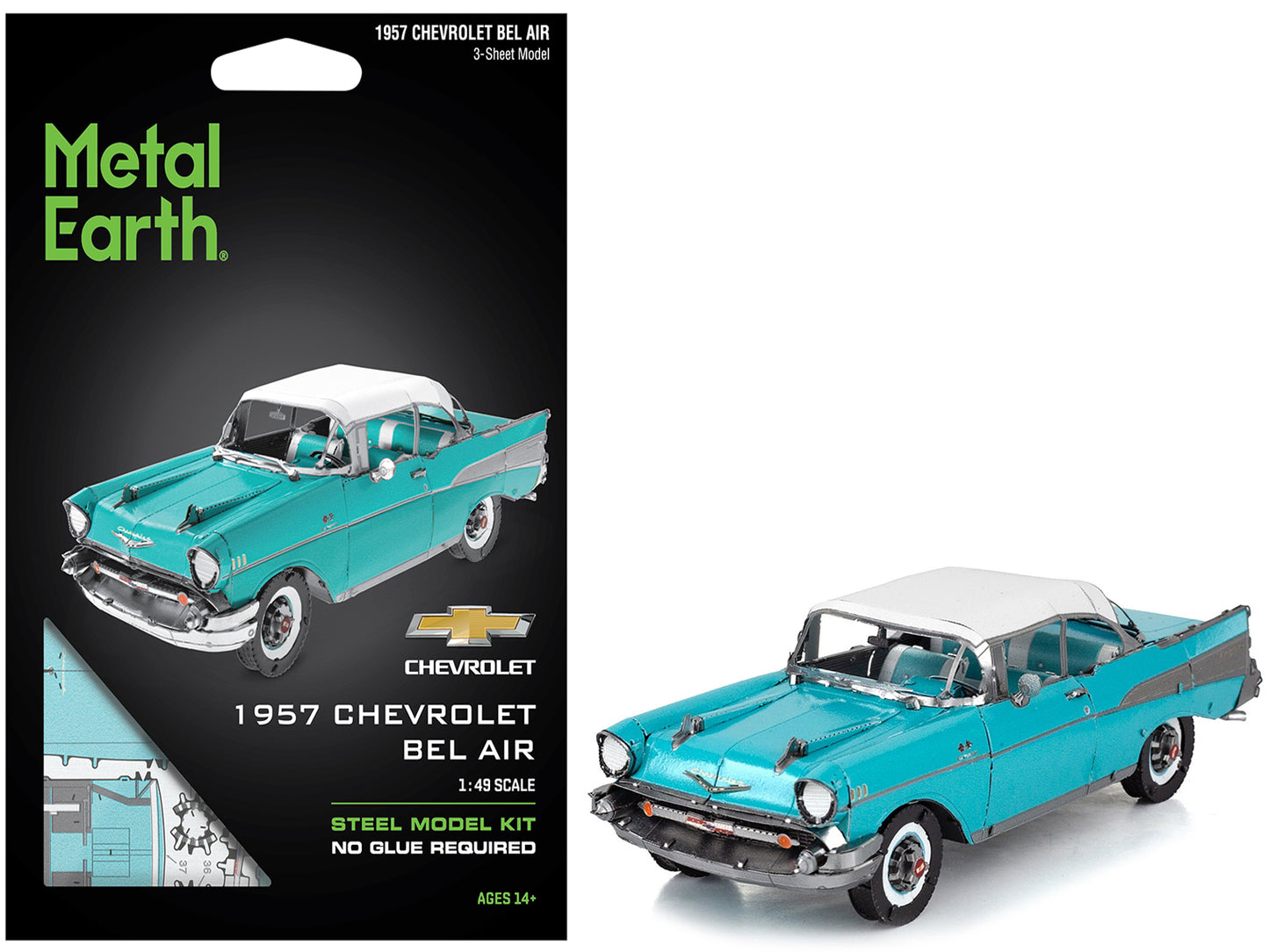 Model Kit 1957 Chevrolet Bel Air Turquoise with White Top (Challenging Difficulty) Steel Model by Metal Earth - Use code SHOPAPP15 to get 15 percent off