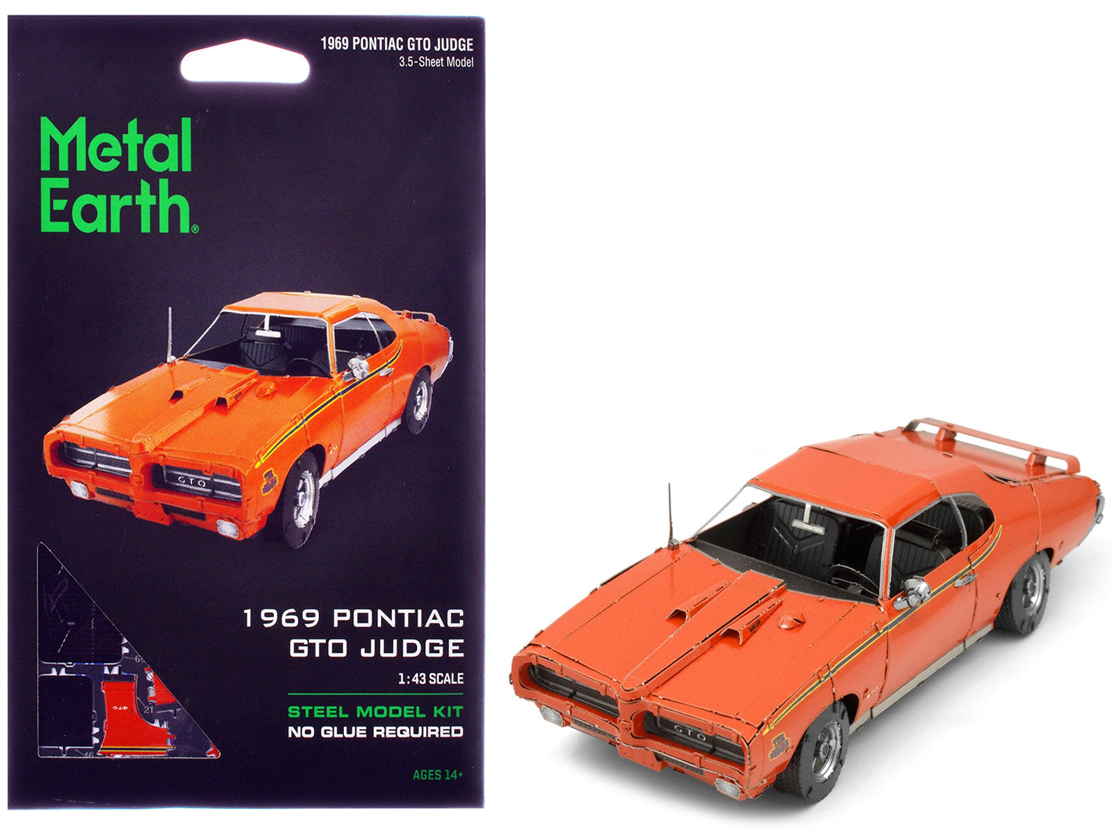 Model Kit 1969 Pontiac GTO Judge Orange with Black Stripes (Moderate Difficulty) Steel Model by Metal Earth - Use code SHOPAPP15 to get 15 percent off free shipping USA