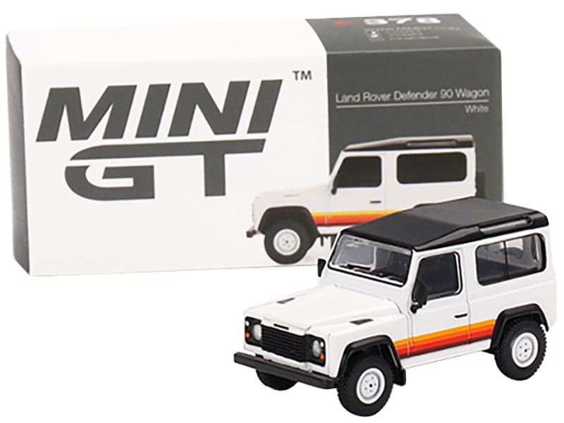 Land Rover Defender 90 Wagon White with Black Top and Stripes Limited Edition to 1800 pieces Worldwide 1/64 Diecast Model Car by Mini GT