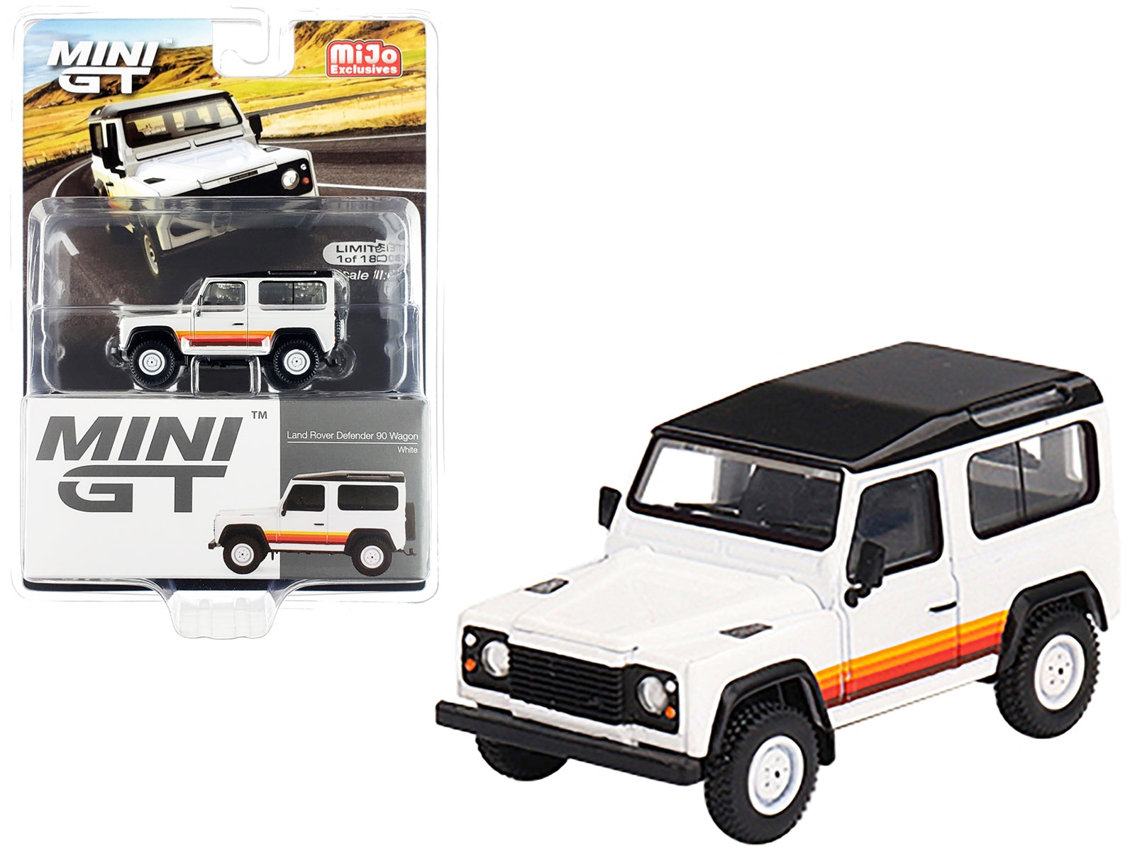 Land Rover Defender 90 Wagon White with Black Top and Stripes Limited Edition to 1800 pieces Worldwide 1/64 Diecast Model Car by Mini GT