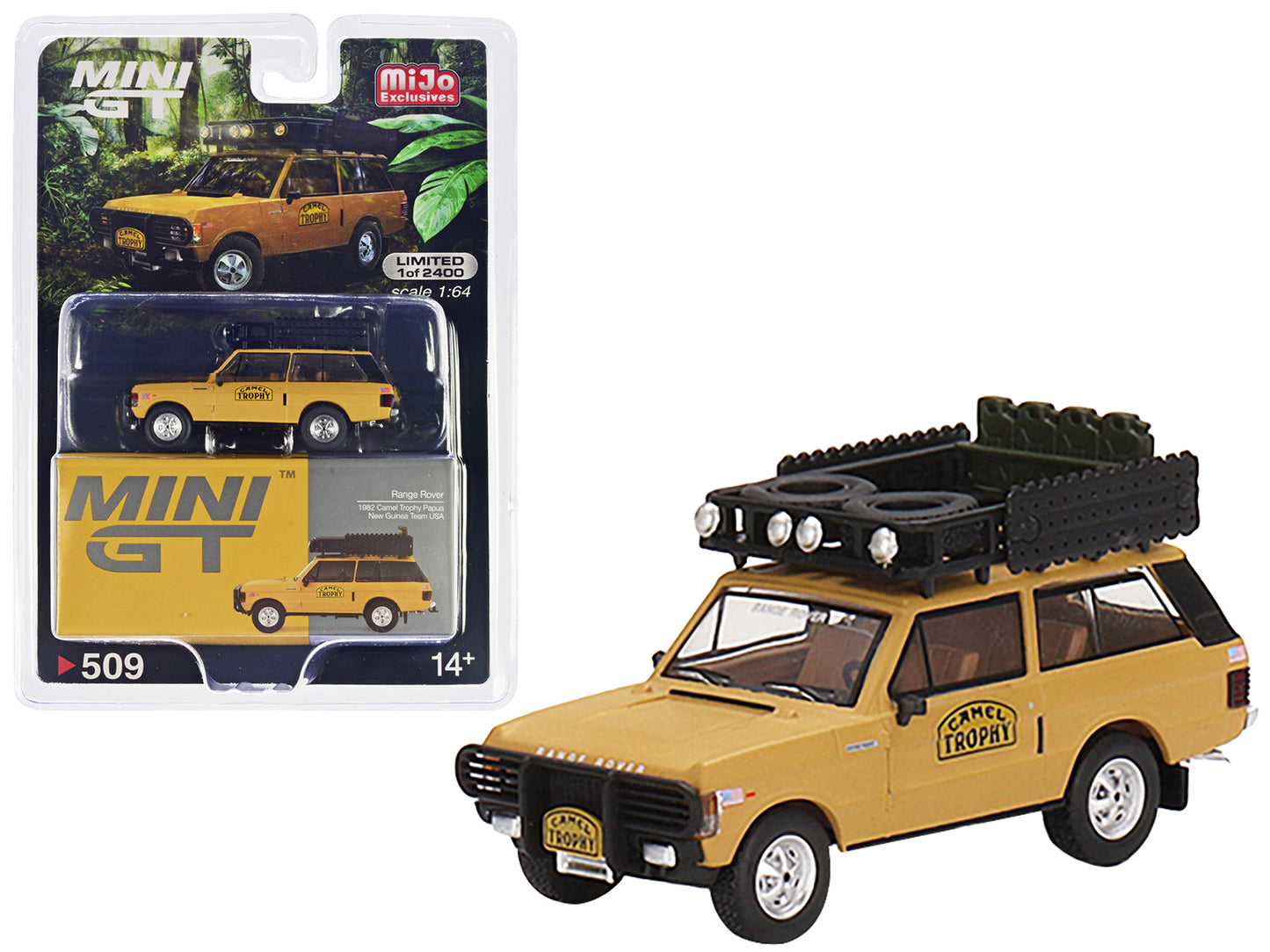 Range Rover with Roofrack Tan "Camel Trophy - Papua New Guinea Team USA" (1982) Limited Edition to 2400 pieces Worldwide 1/64 Diecast Model Car by Mini GT - Use code SHOPAPP15 to get 15 percent off
