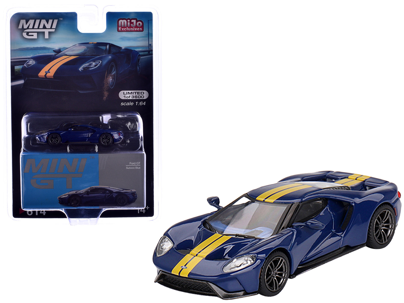 Ford GT Sunoco Blue with Yellow Stripes Limited Edition to 3600 pieces Worldwide 1/64 Diecast Model Car by Mini GT free shipping USA