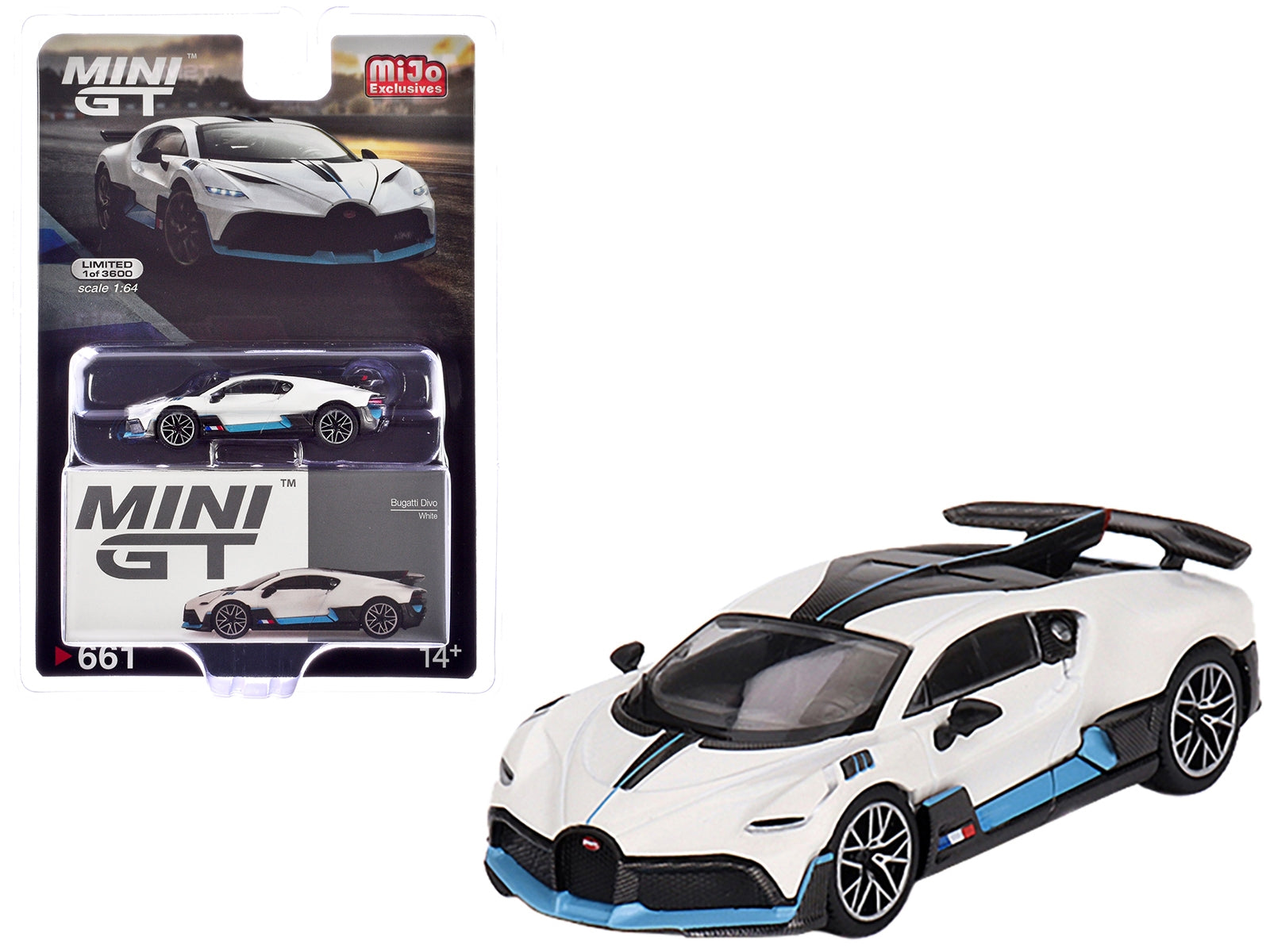 Bugatti Divo White with Carbon Top and Blue Stripes Limited Edition to 3600 pieces Worldwide 1/64 Diecast Model Car by Mini GT - Premium Bugatti Models from Mini GT - Just $24.99! Shop now at Rapidvehicles