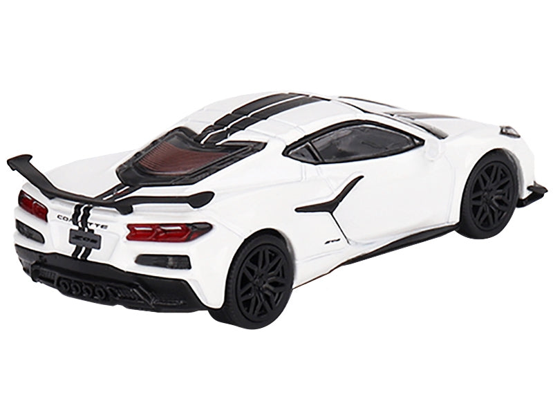 2023 Chevrolet Corvette Z06 Arctic White with Black Stripes Limited Edition to 2640 pieces Worldwide 1/64 Diecast Model Car by Mini GT