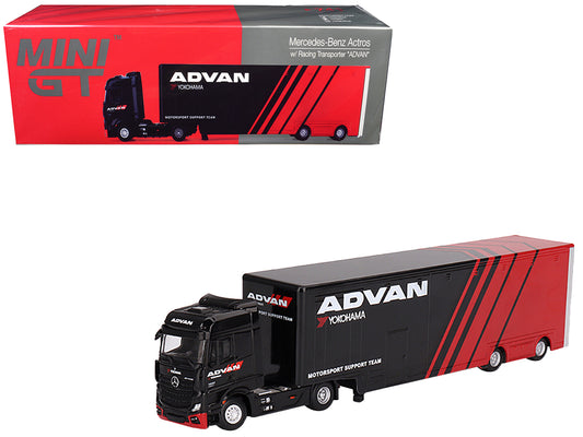 Mercedes-Benz Actros with Racing Transporter Red and Black "ADVAN" 1/64 Diecast Model Car by Mini GT free shipping USA