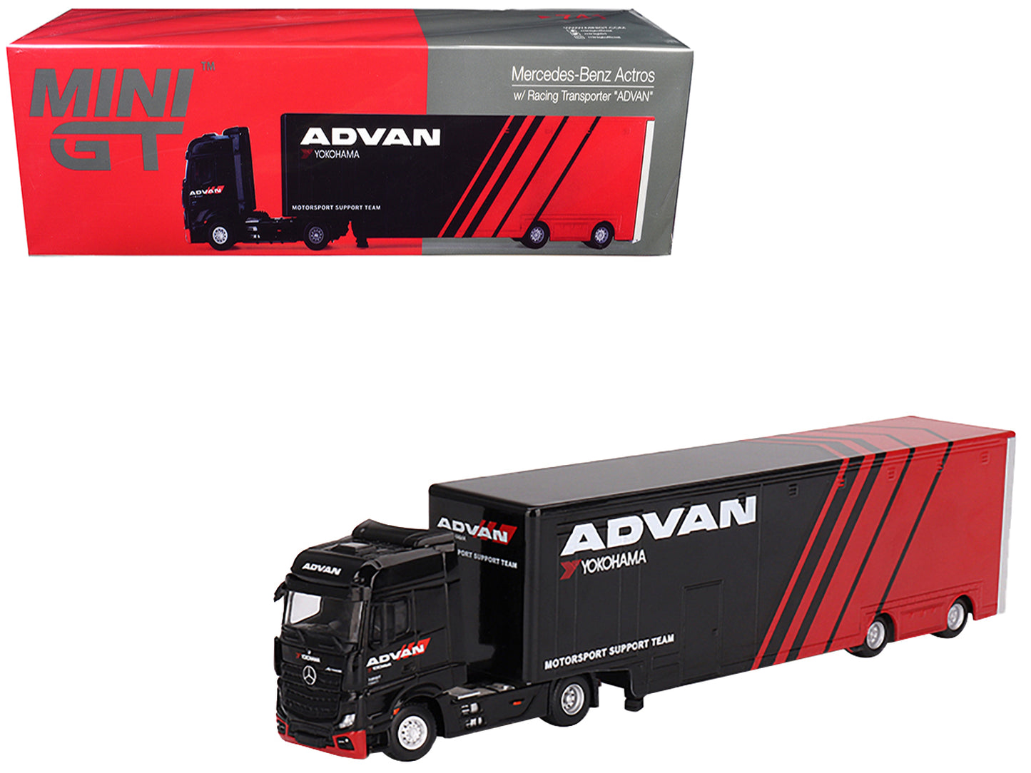Mercedes-Benz Actros with Racing Transporter Red and Black "ADVAN" 1/64 Diecast Model Car by Mini GT - Use code SHOPAPP15 to get 15 percent off