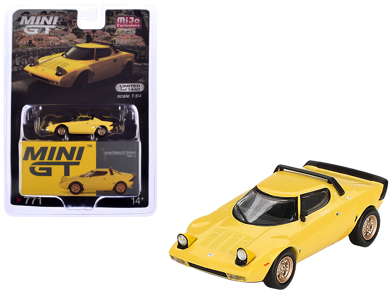 Lancia Stratos HF Stradale Giallo Fly Yellow Limited Edition to 1440 pieces Worldwide 1/64 Diecast Model Car by Mini GT free shipping USA
