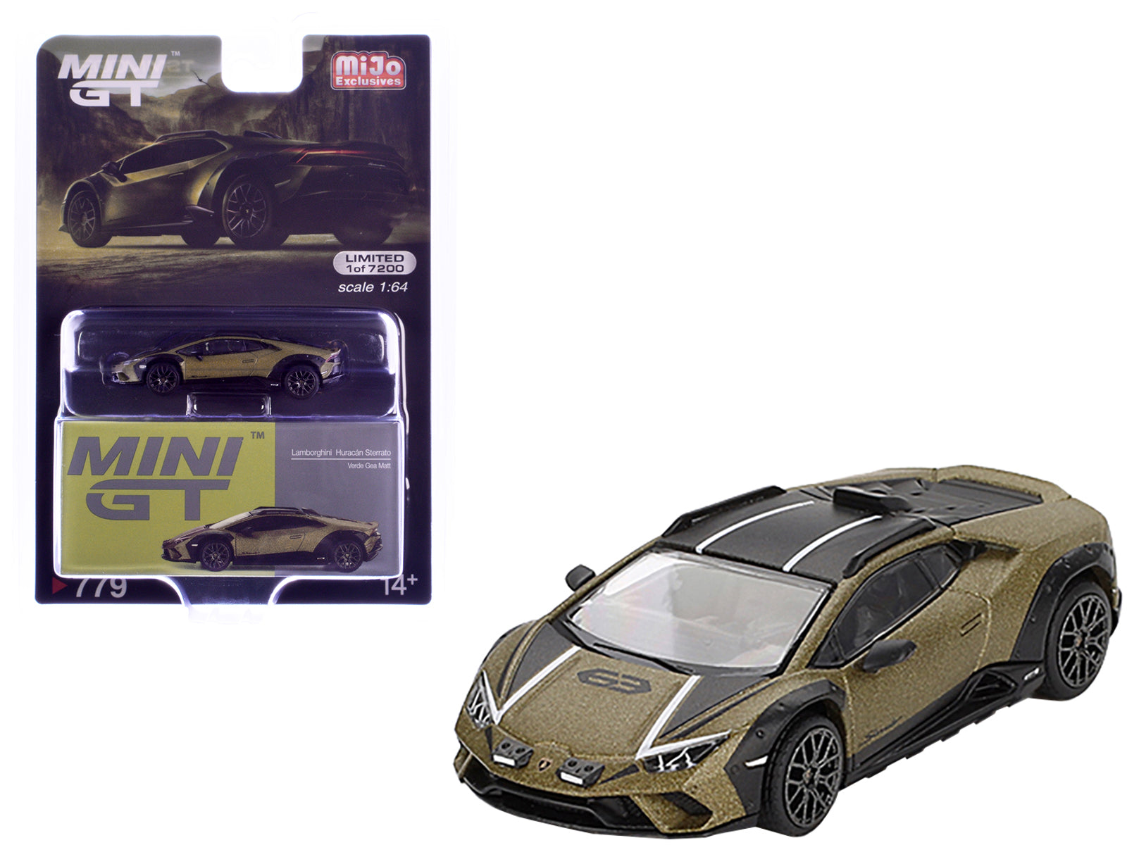 Lamborghini Huracan Sterrato Verde Gea Matt Green Metallic with Black Tio and White Stripes Limited Edition to 7200 pieces Worldwide 1/64 Diecast Model Car by Mini GT free shipping USA
