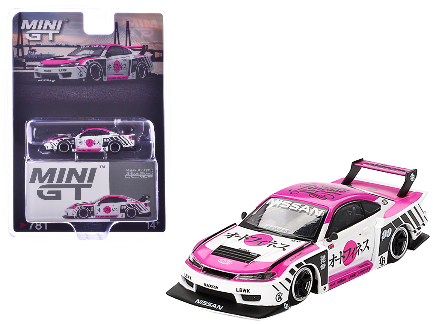 Nissan "LB-Super Silhouette" S15 SILVIA RHD (Right Hand Drive) #99 "Auto Finesse - SEMA 2023" White and Pink Limited Edition 1/64 Diecast Model Car by Mini GT