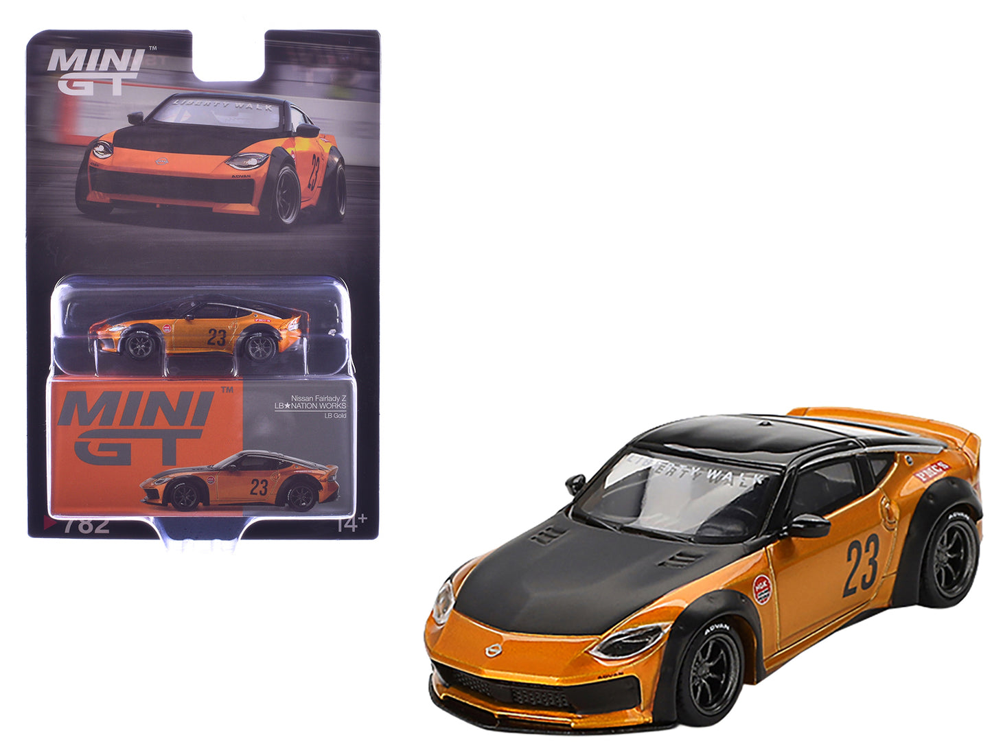Nissan Fairlady Z #23 "LB-NATION WORKS" LB Gold Metallic with Matt Black Hood and Black Top Limited Edition 1/64 Diecast Model Car by Mini GT - Use code SHOPAPP15 to get 15 percent off