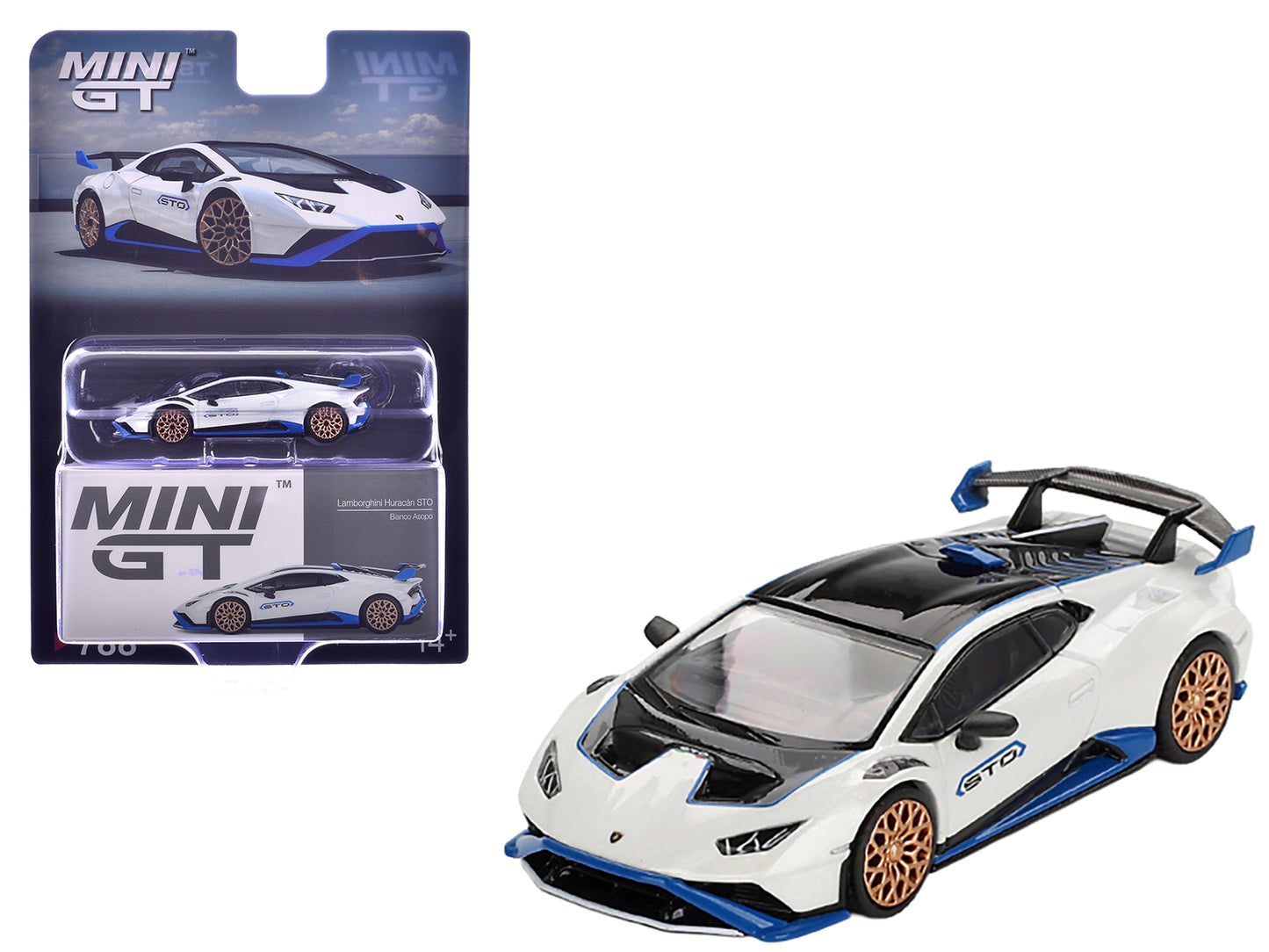 Lamborghini Huracan STO Bianco Asopo White with Black Top and Blue Accents Limited Edition 1/64 Diecast Model Car by Mini GT
