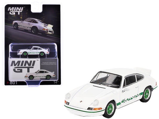 Porsche 911 Carrera RS 2.7 Grand Prix White with Green Stripes and Wheels Limited Edition 1/64 Diecast Model Car by Mini GT