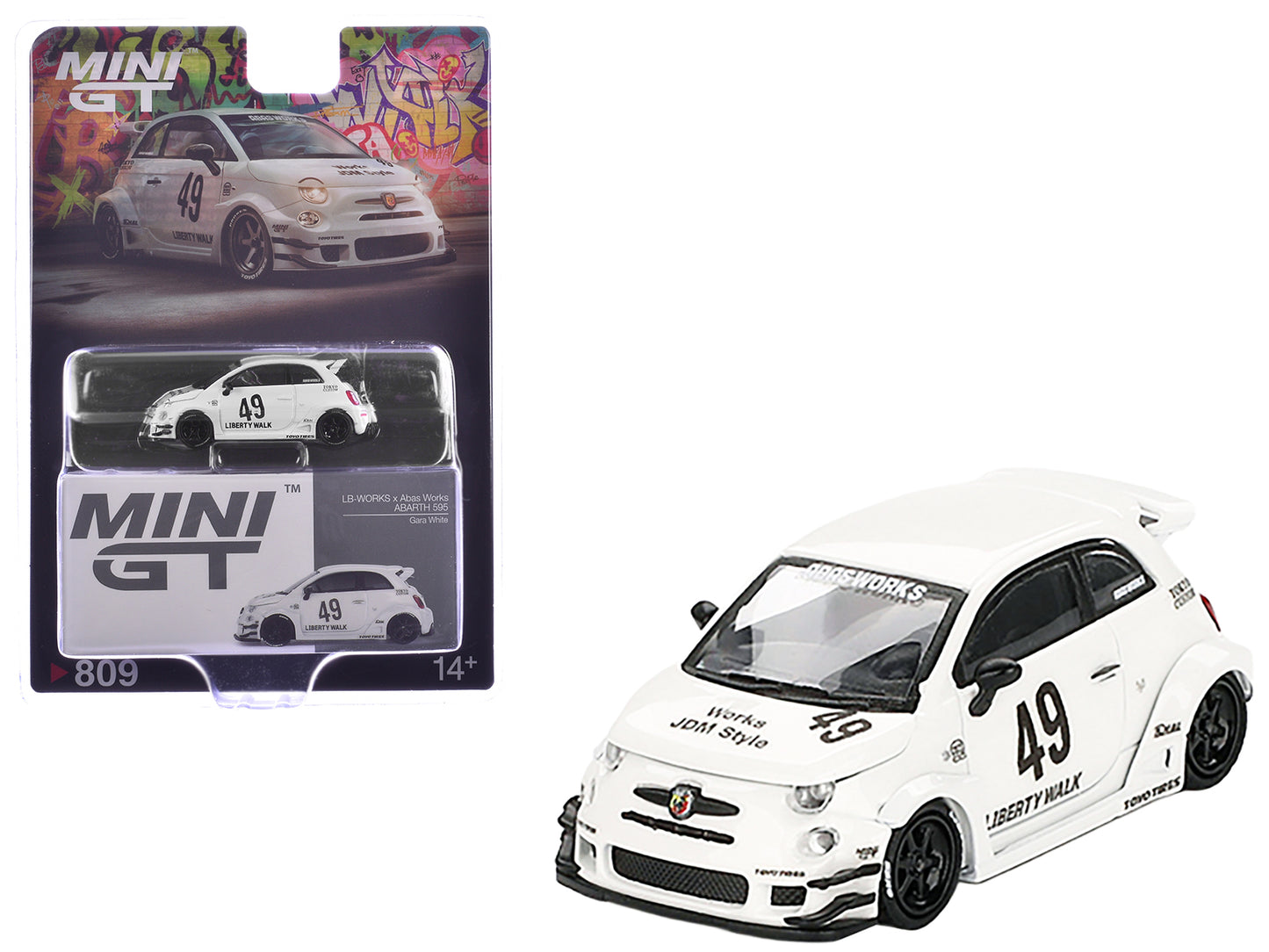 ABARTH 595 #49 "LB-Works x Abas Works" Gara White Limited Edition 1/64 Diecast Model Car by Mini GT - Use code SHOPAPP15 to get 15 percent off