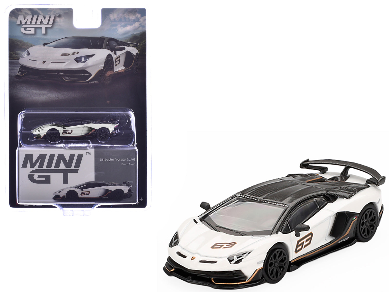 Lamborghini Aventador SVJ 63 Bianco Asopo White with Carbon Top Limited Edition 1/64 Diecast Model Car by Mini GT free shipping USA