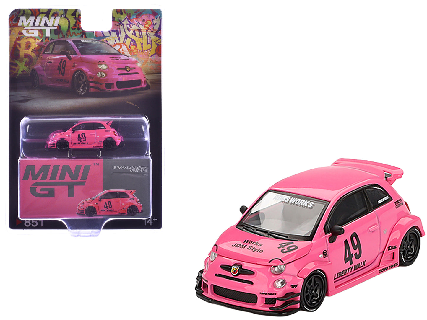 ABARTH 595 #49 "LB-Works x Abas Works" Pink Limited Edition 1/64 Diecast Model Car by Mini GT - Use code SHOPAPP15 to get 15 percent off