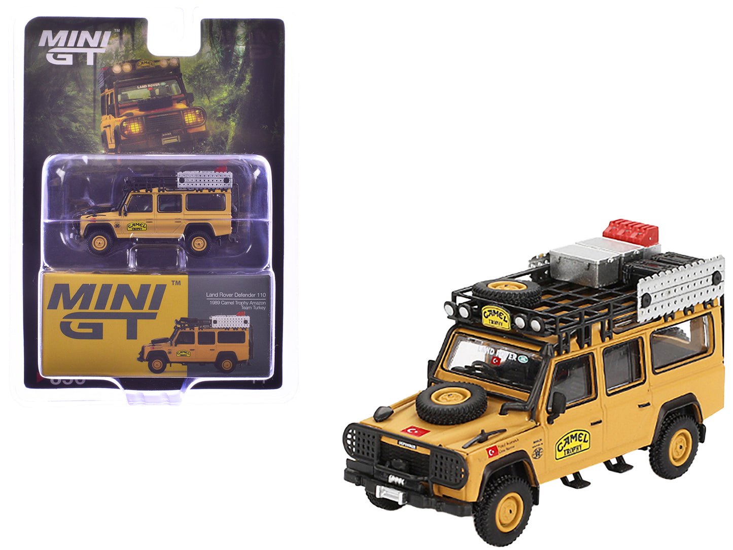Land Rover Defender 110 Team Turkey "Camel Trophy Amazon" (1989) Limited Edition 1/64 Diecast Model Car by Mini GT  free shipping USA
