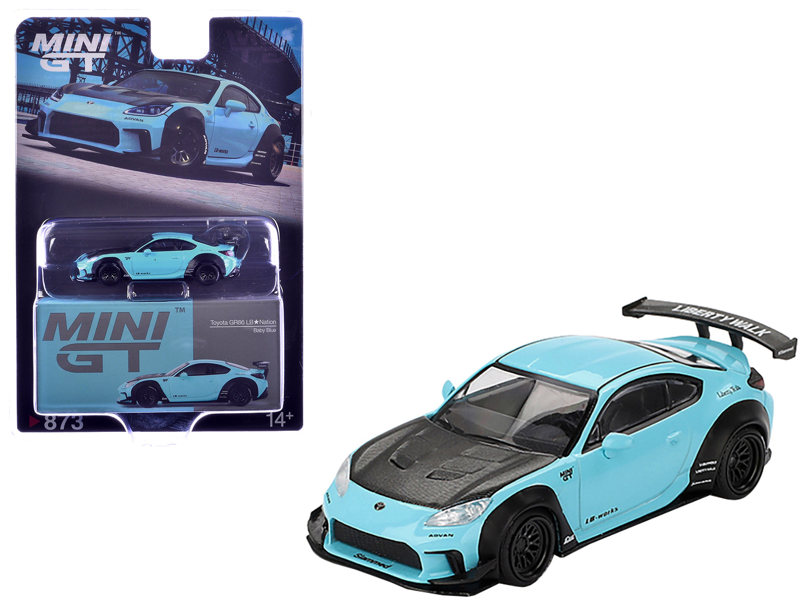 Toyota GR86 "LB-Nation - Liberty Walk" Baby Blue with Carbon Hood Limited Edition 1/64 Diecast Model Car by Mini GT free shipping USA