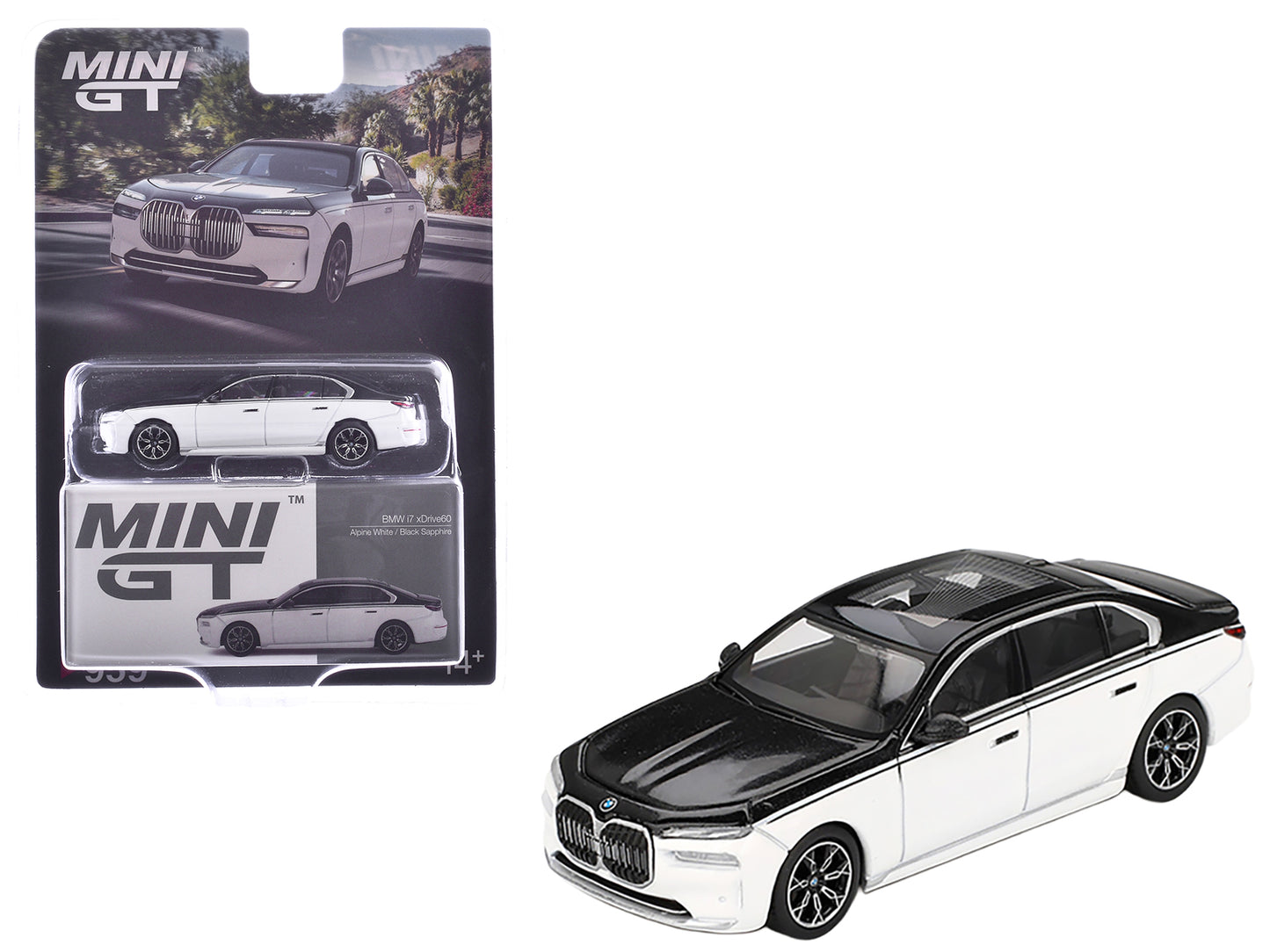 BMW i7 xDrive60 Dravit Alpine White and Black Sapphire Limited Edition 1/64 Diecast Model Car by Mini GT