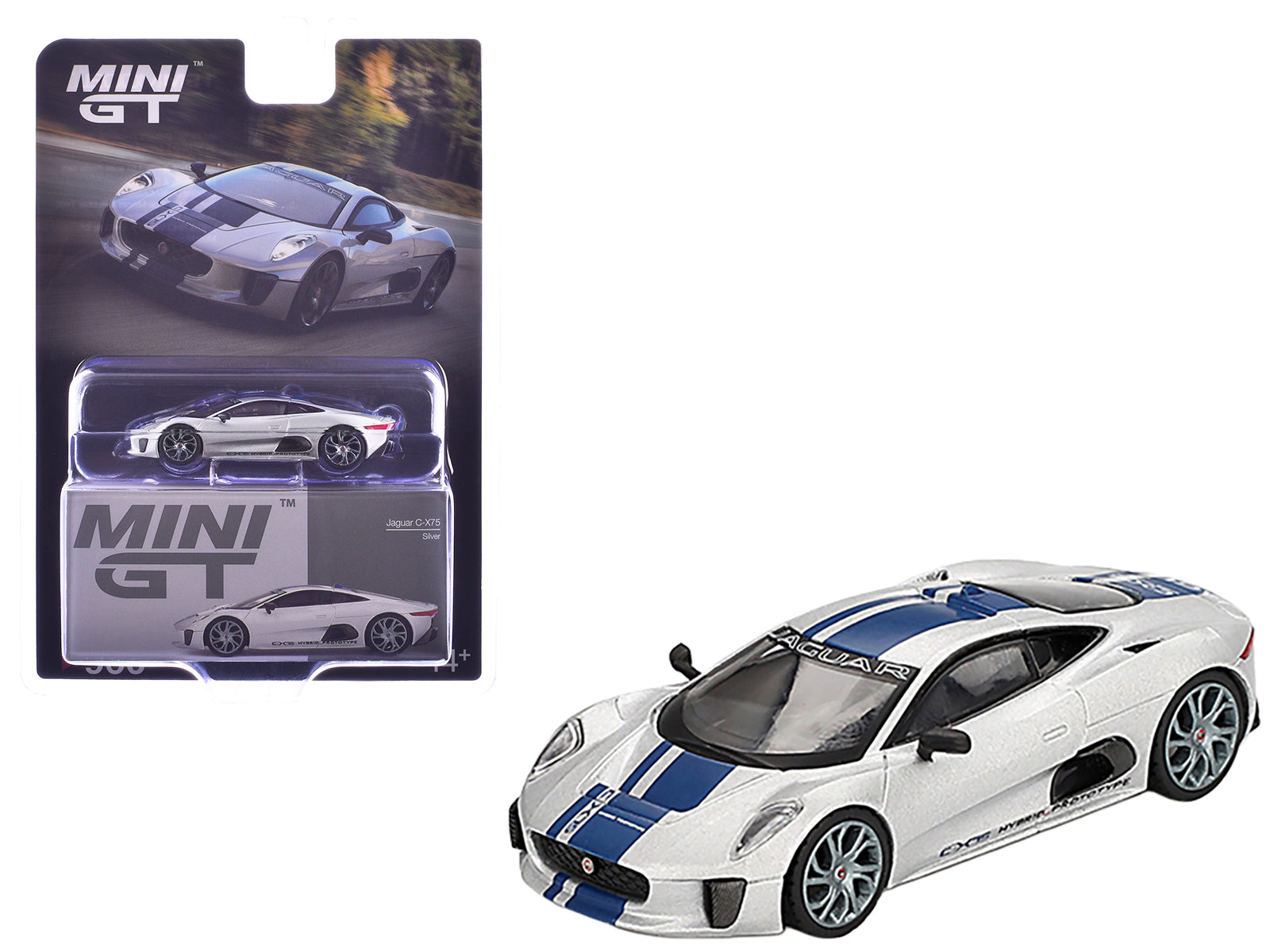 Jaguar C-X75 Silver Metallic with Blue Stripes Limited Edition 1/64 Diecast Model Car by Mini GT free shipping USA