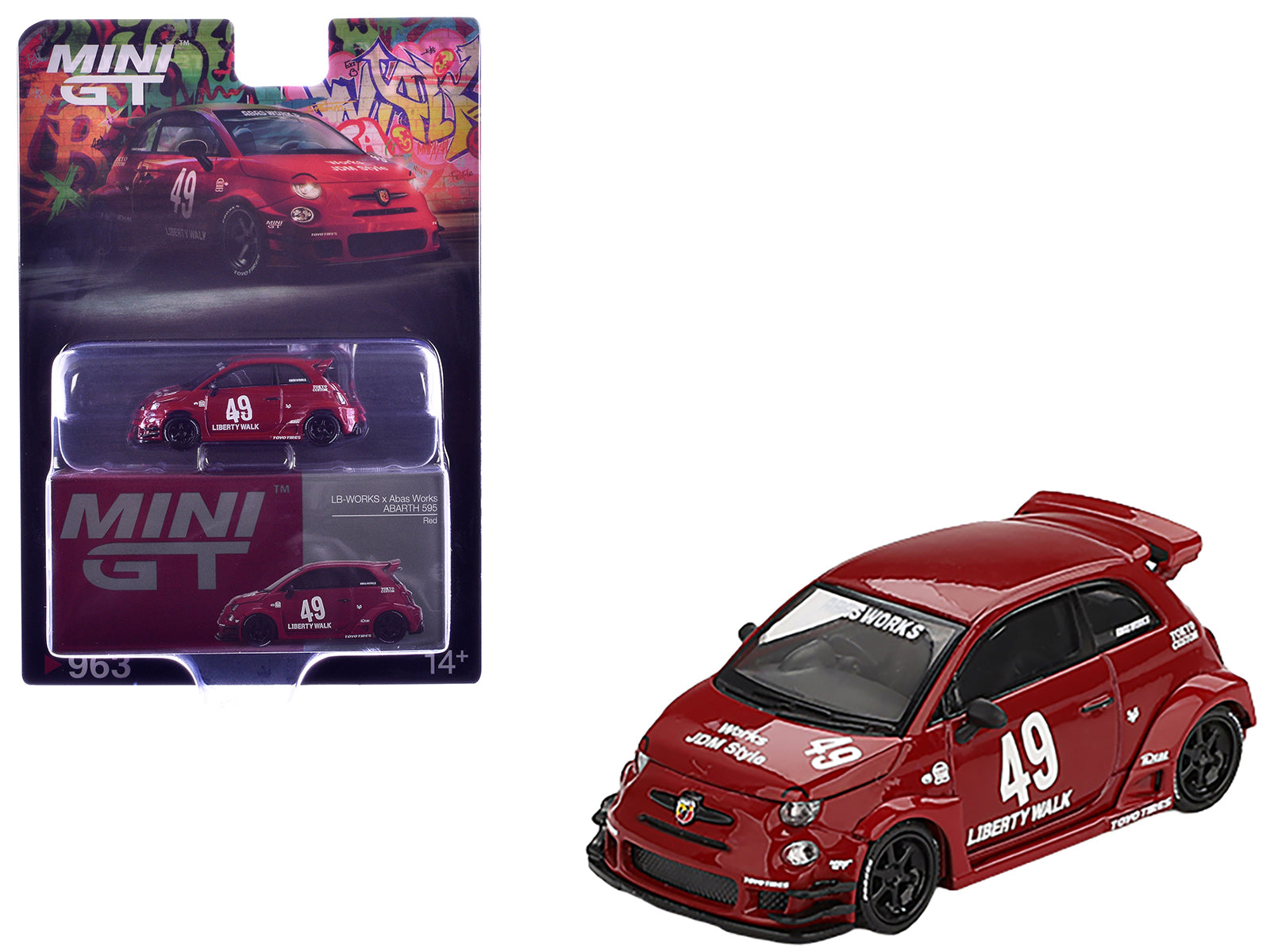 ABARTH 595 #49 "LB-Works x Abas Works" Red Limited Edition 1/64 Diecast Model Car by Mini GT free shipping USA