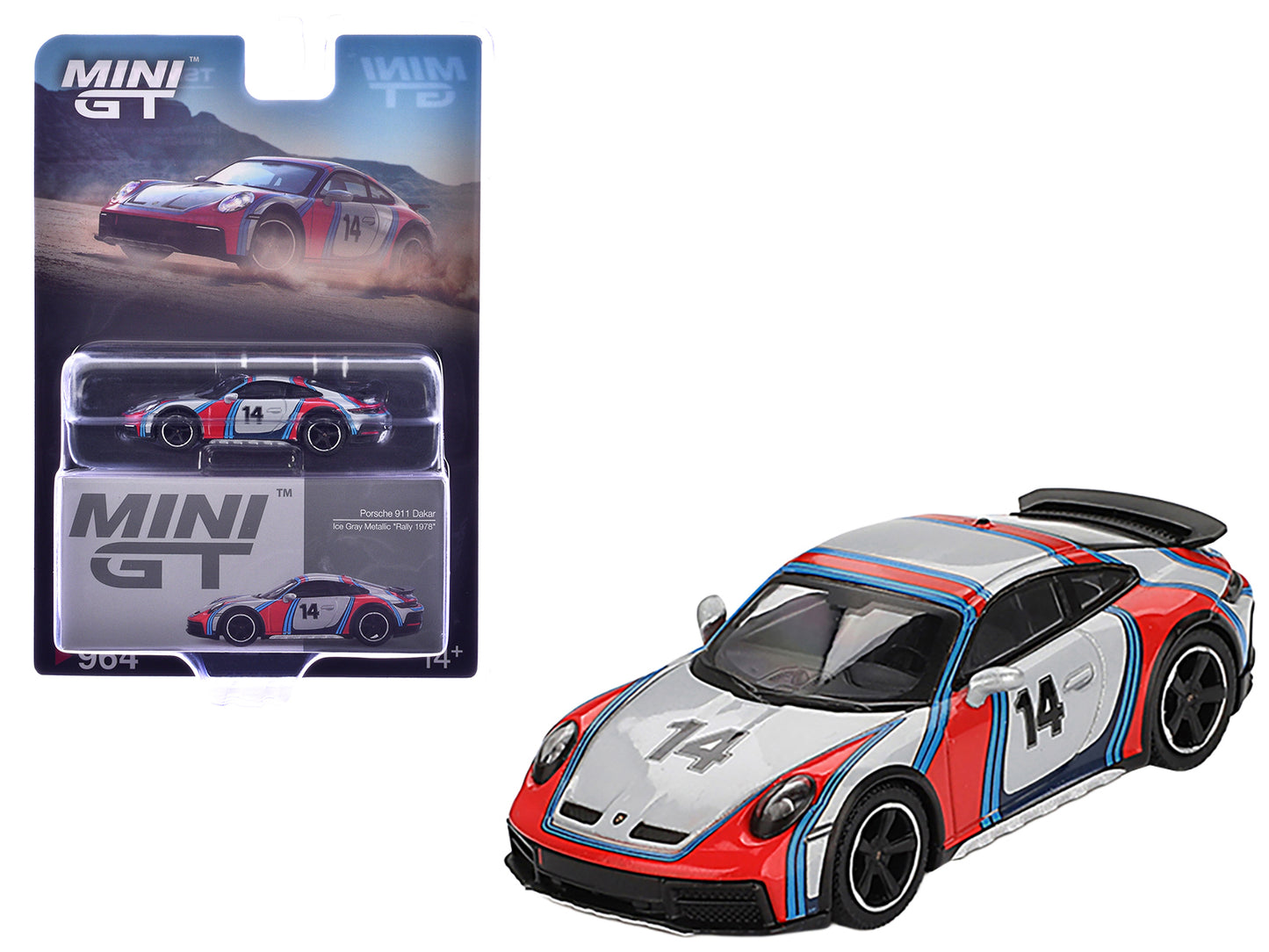 Porsche 911 Dakar #14 "Rally 1978" Ice Gray Metallic Limited Edition 1/64 Diecast Model Car by Mini GT - Use code SHOPAPP15 to get 15 percent off