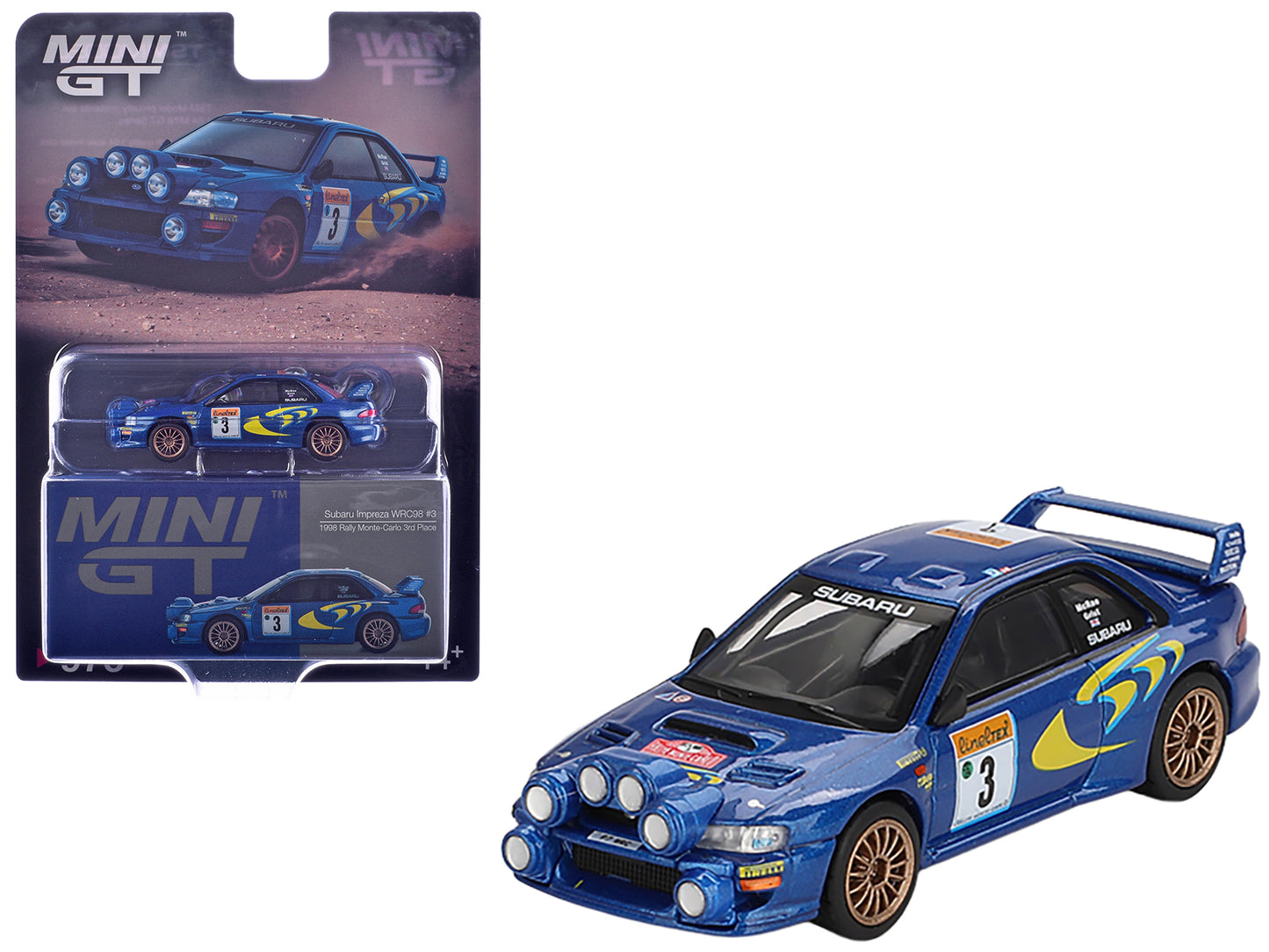 Subaru Impreza WRC98 #3 Colin McRae - Nicky Grist 3rd Place "Rally Monte-Carlo" (1998) Limited Edition 1/64 Diecast Model Car by Mini GT - Use code SHOPAPP15 to get 15 percent off