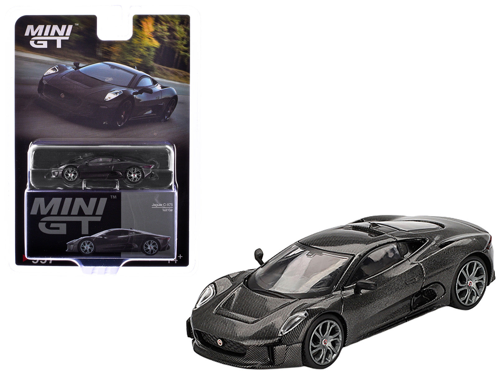 Jaguar C-X75 "Test Car" Black Carbon Limited Edition 1/64 Diecast Model Car by Mini GT free shipping USA