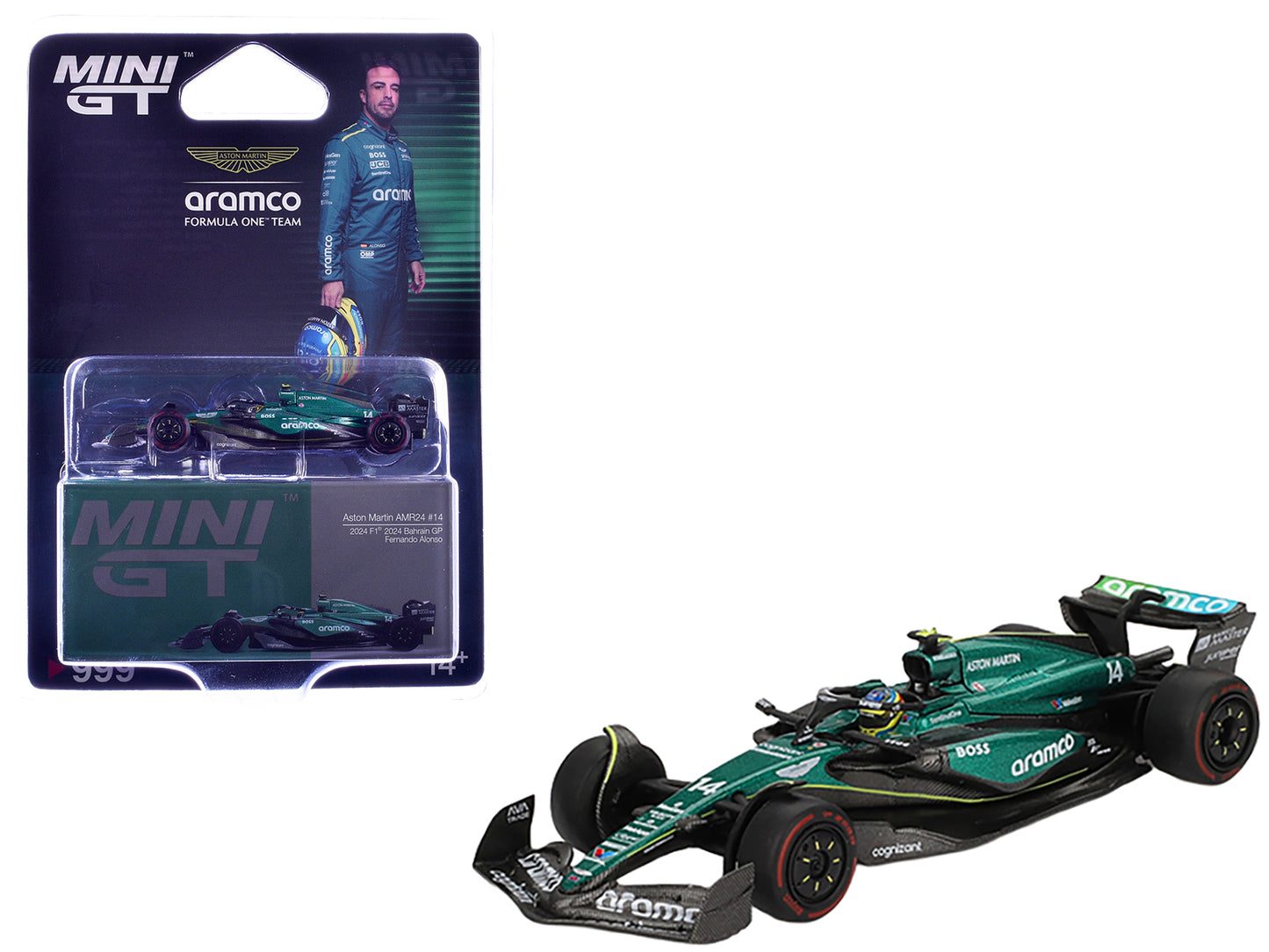 Aston Martin AMR24 #14 Fernando Alonso Formula One F1 "Bahrain GP" (2024) Limited Edition 1/64 Diecast Model Car by Mini GT - Use code SHOPAPP15 to get 15 percent off