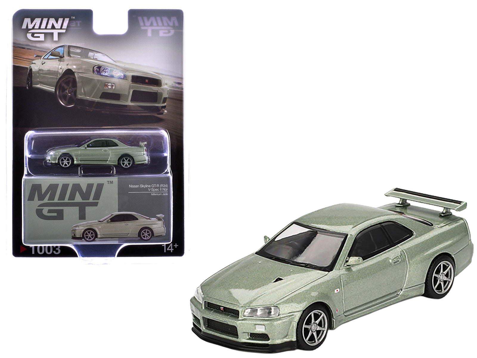 Nissan Skyline GT-R (R34) V-Spec II Nur RHD (Right Hand Drive) Millenium Jade Metallic Limited Edition 1/64 Diecast Model Car by Mini GT free shipping USA