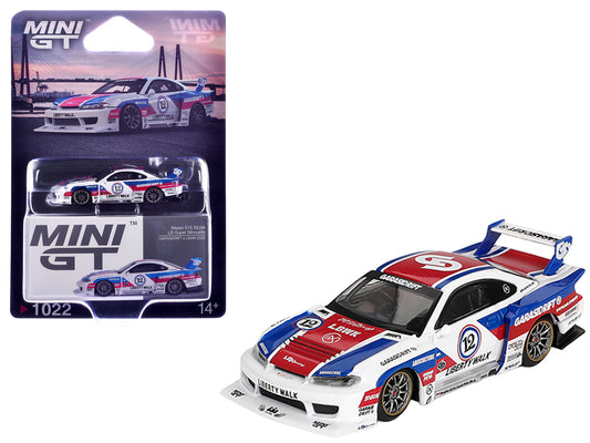 Nissan "LB-Super Silhouette" S15 SILVIA RHD (Right Hand Drive) "GARASIDRIFT x LBWK 2025" White with Blue and Red Stripes Limited Edition 1/64 Diecast Model Car by Mini GT - Use code SHOPAPP15 to get 15 percent off