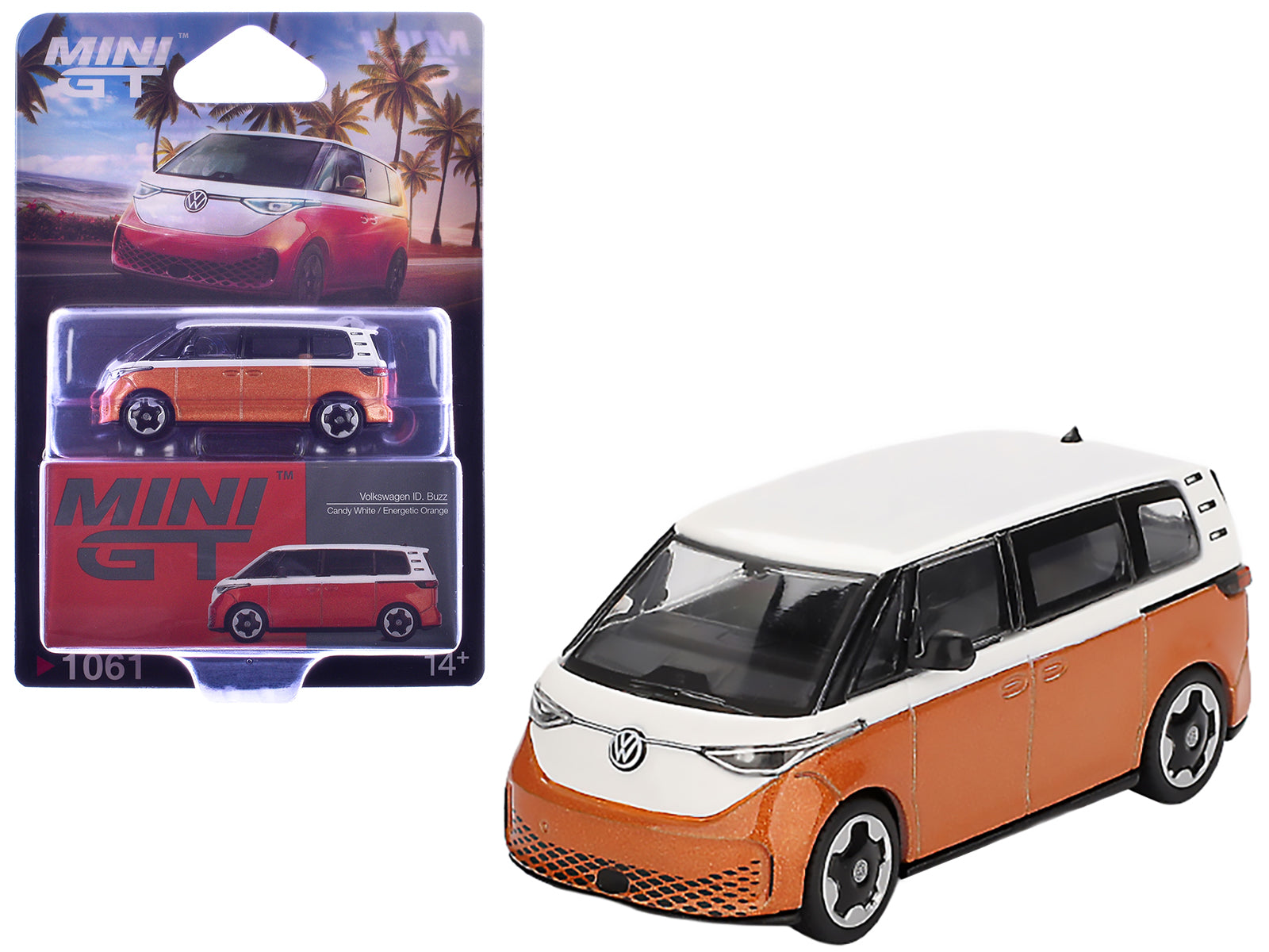 Volkswagen ID.Buzz Van Candy White and Energetic Orange Metallic Limited Edition 1/64 Diecast Model Car by Mini GT free shipping USA