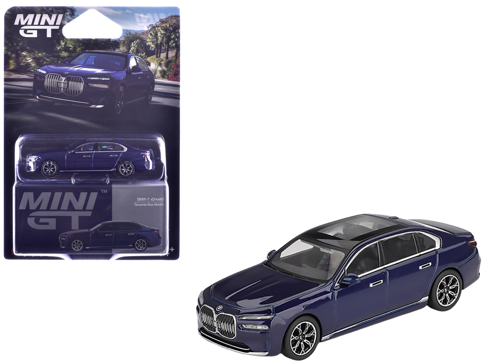BMW i7 xDrive60 Tanzanite Blue Metallic with Sun Roof Limited Edition 1/64 Diecast Model Car by Mini GT free shipping USA
