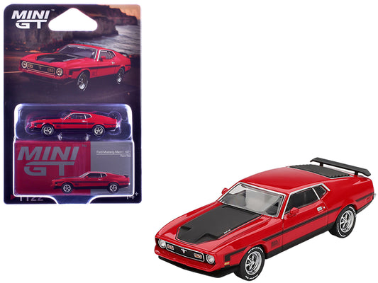 1971 Ford Mustang Mach 1 Race Red with Black Hood and Stripes Limited Edition 1/64 Diecast Model Car by Mini GT