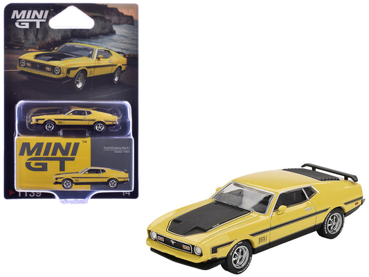 Ford Mustang Mach 1 Grabber Yellow with Black Hood and Stripes Limited Edition 1/64 Diecast Model Car by Mini GT