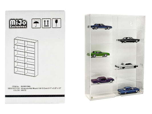 Showcase 12 Car Display Case Wall Mount with White Back Panel "Mijo Exclusives" for 1/64 Scale Models free shipping USA