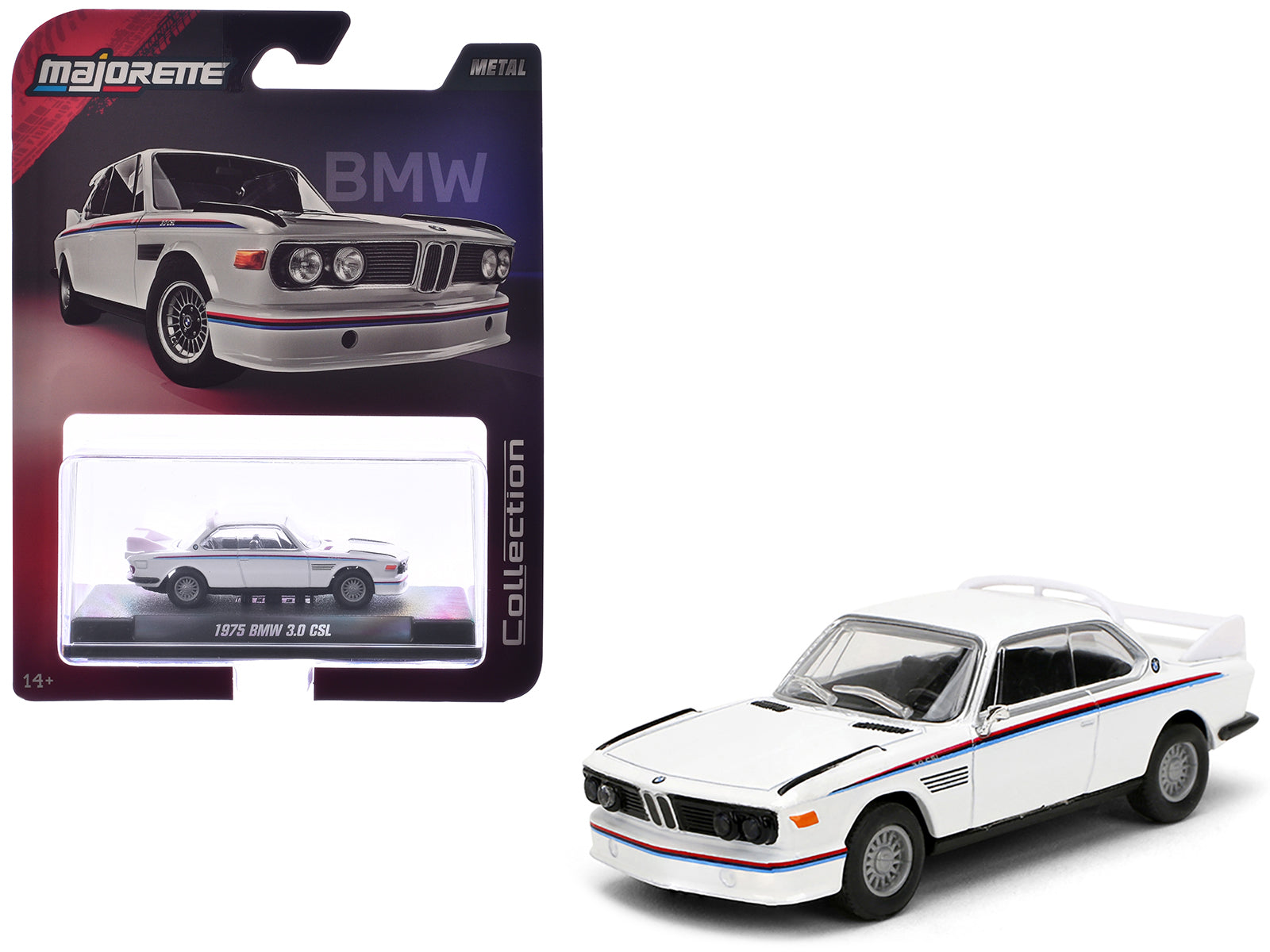 1975 BMW 3.0 CSL White with Red and Blue Stripes "Collection" Series 1/64 Diecast Model Car by Majorette free shipping USA