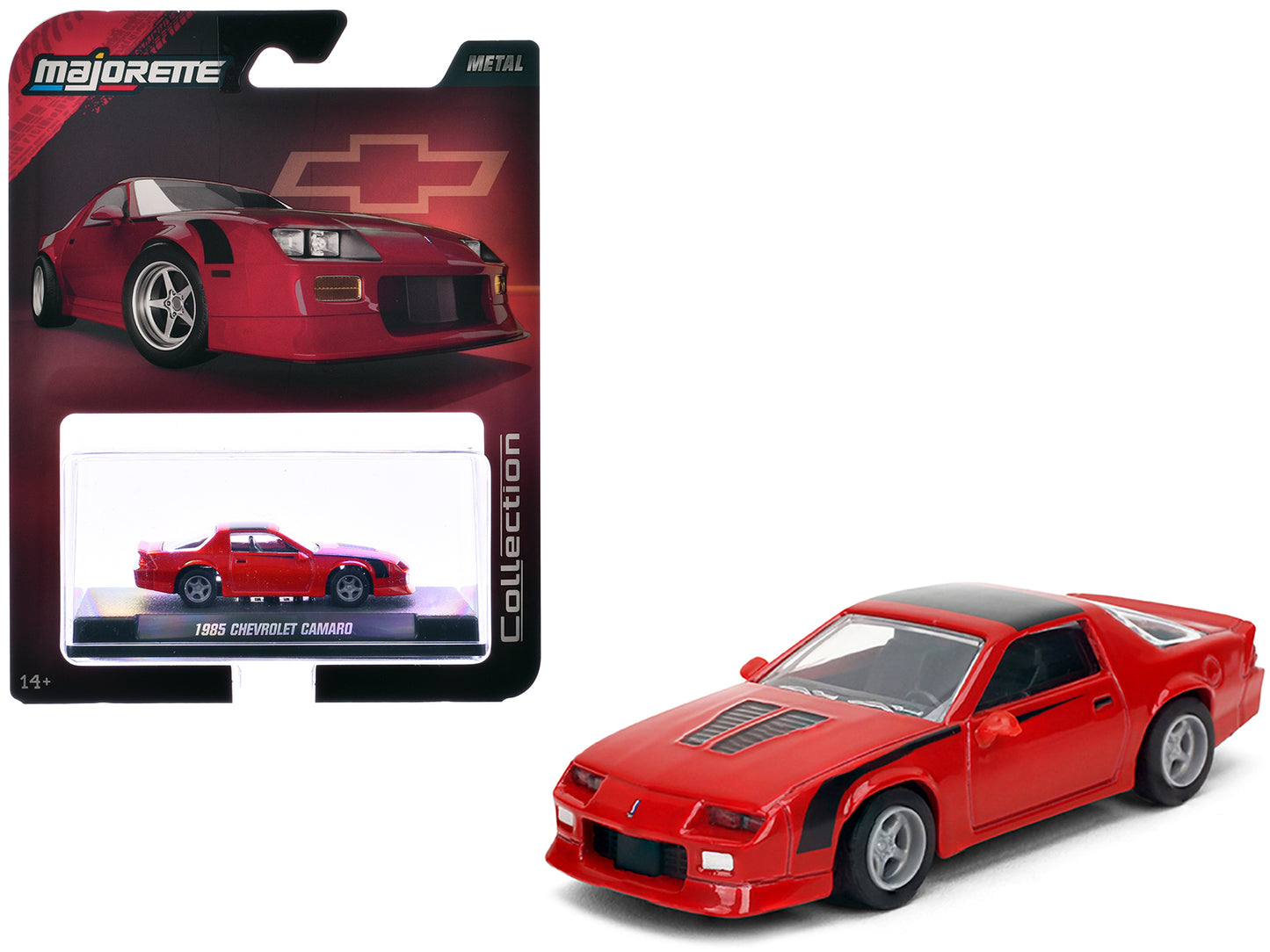 1985 Chevrolet Camaro Red with Black Top and Stripes "Collection" Series 1/64 Diecast Model Car by Majorette - Use code SHOPAPP15 to get 15 percent off