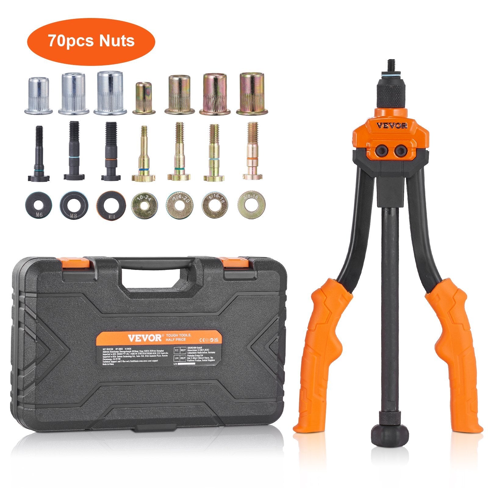 VEVOR Rivet Nut Tool, 14" Rivnut Tool Kit with 7 PCS Metric and SAE Mandrels, 70 PCS Assorted Rivet Nuts, 10-24, 1/4-20, M6, 5/16-18, M8, 3/8-16, M10, Rivet Nut Kit With Rugged Carrying Case - Premium Rivet Nut Tool from VEVOR - Just $48.99! Shop now at Rapidvehicles