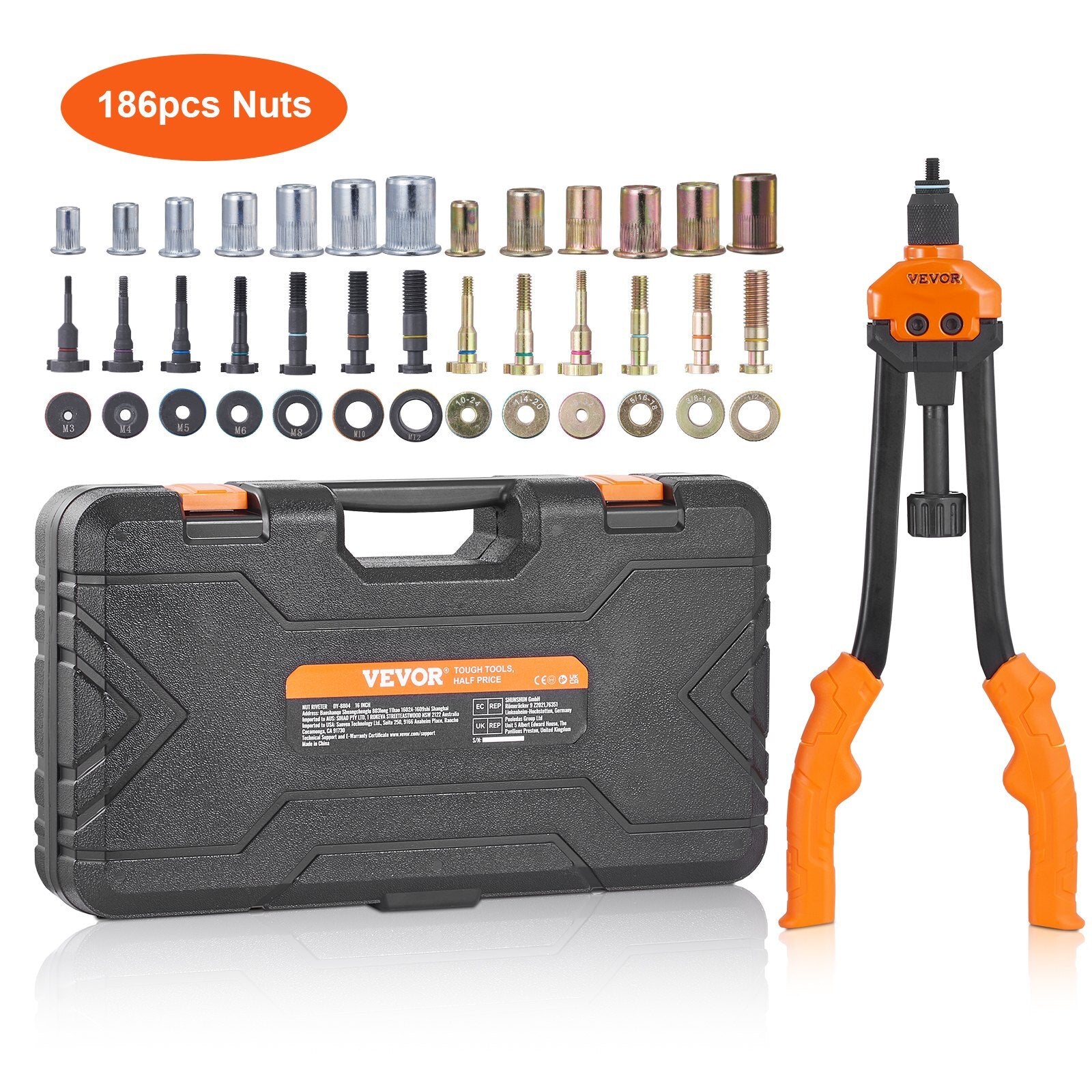 VEVOR 16" Rivet Nut Tool, Labor-Saving Rivnut Tool Kit with 13PCS Metric & SAE Mandrels, 186PCS Rivet Nuts,M3, M4, M5, M6, M8, M10, M12, 1/4-20, 5/16-18, 3/8-16,1/2-13, 8-32, 10-24 With Carrying Case - Premium Rivet Nut Tool from VEVOR - Just $68.99! Shop now at Rapidvehicles