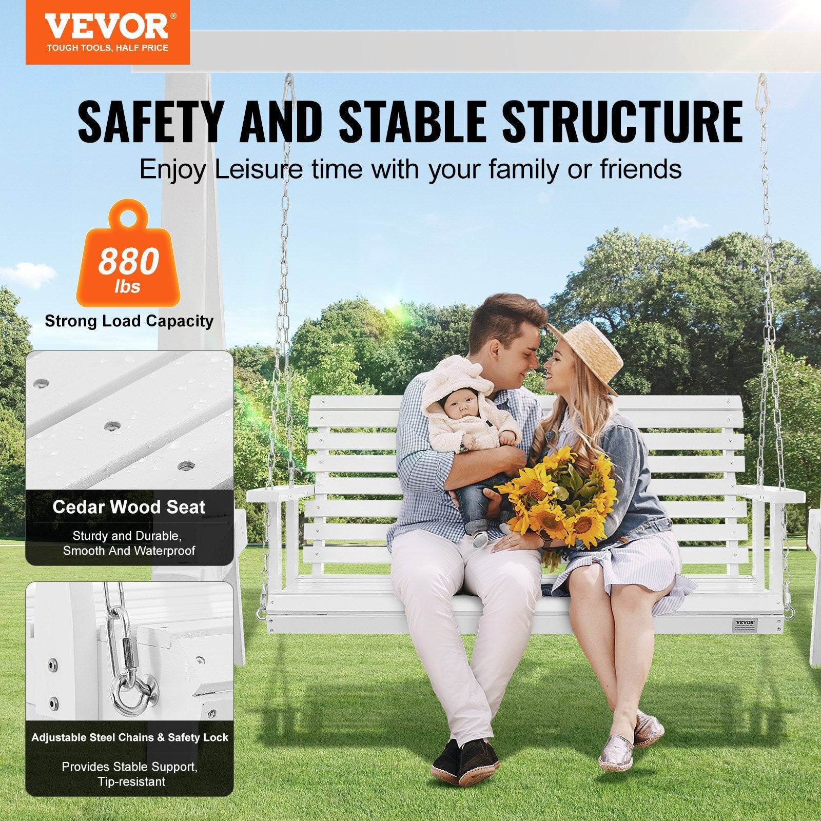 VEVOR Wooden Porch Swing 4.5 ft, Patio bench swing for Courtyard & Garden, Upgraded 880 lbs Strong Load Capacity, Heavy Duty Swing Chair Bench with Hanging Chains for Outdoors, White - Premium Porch Swings from VEVOR - Just $125.99! Shop now at Rapidvehicles